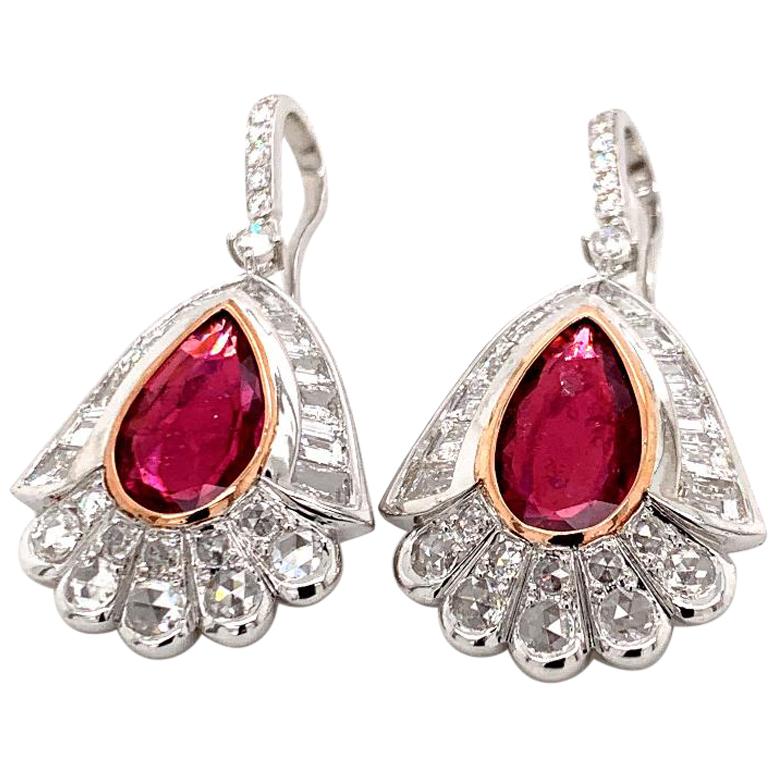 Diamond and Rubelite Earrings in 18 Karat White Gold For Sale