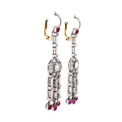 Diamond and Rubies Platinum Chandelier Drop Earrings Estate Fine Jewelry