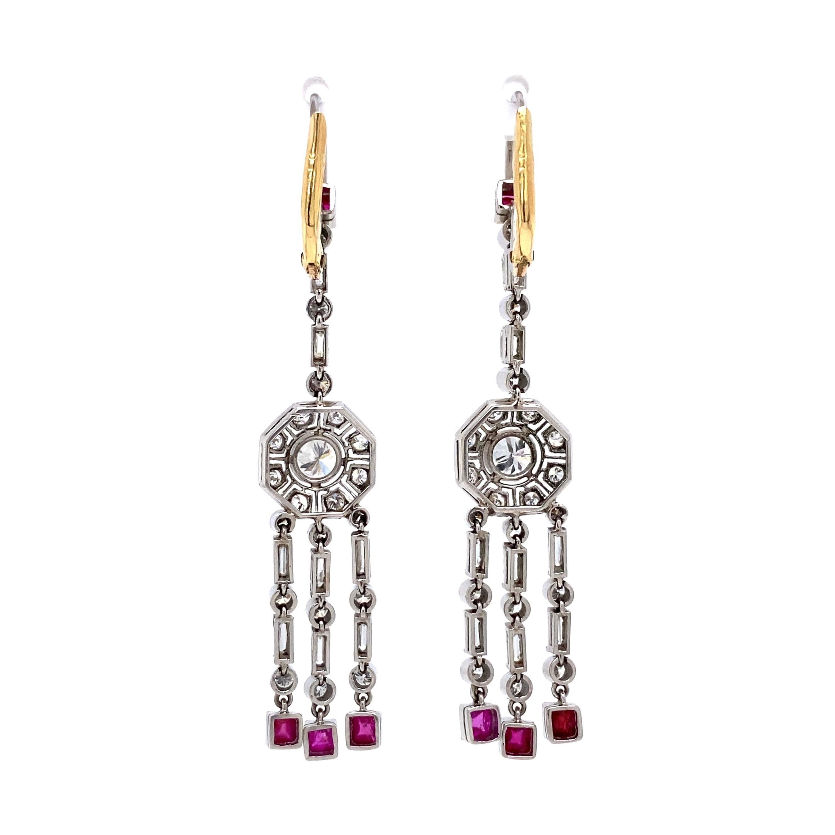 Modern Diamond and Rubies Platinum Chandelier Drop Earrings Estate Fine Jewelry