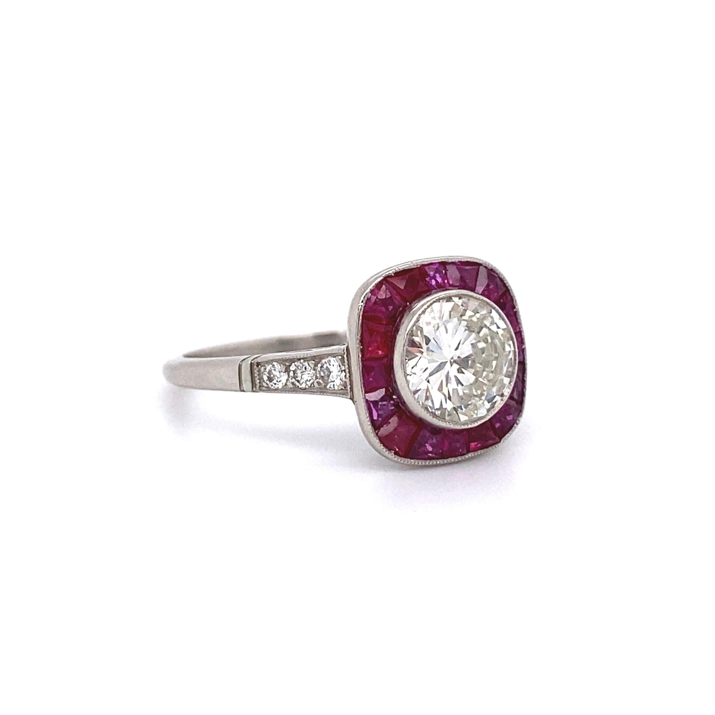Mixed Cut Diamond and Rubies Platinum Halo Art Deco Style Ring Estate Fine Jewelry