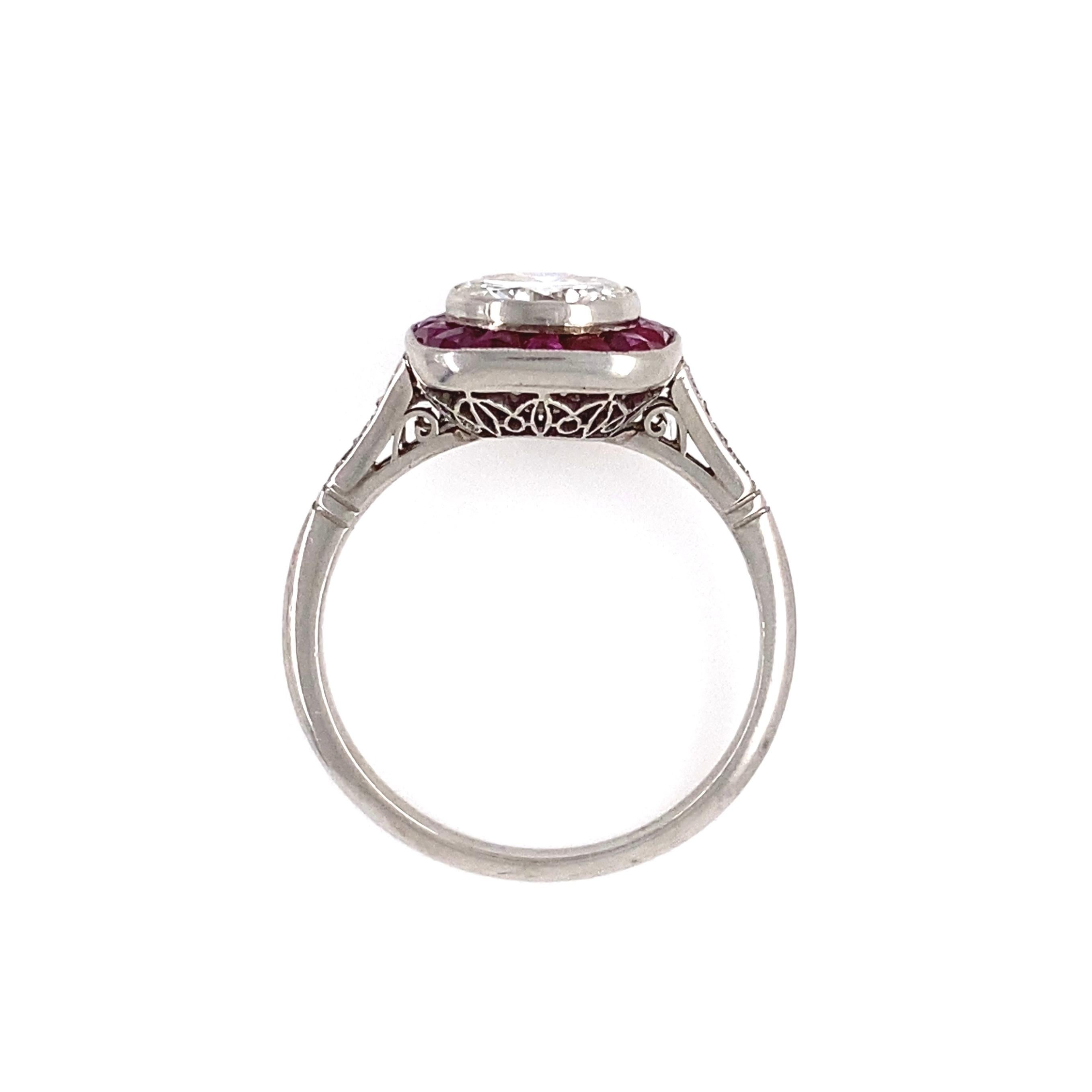 Diamond and Rubies Platinum Halo Art Deco Style Ring Estate Fine Jewelry In Excellent Condition In Montreal, QC