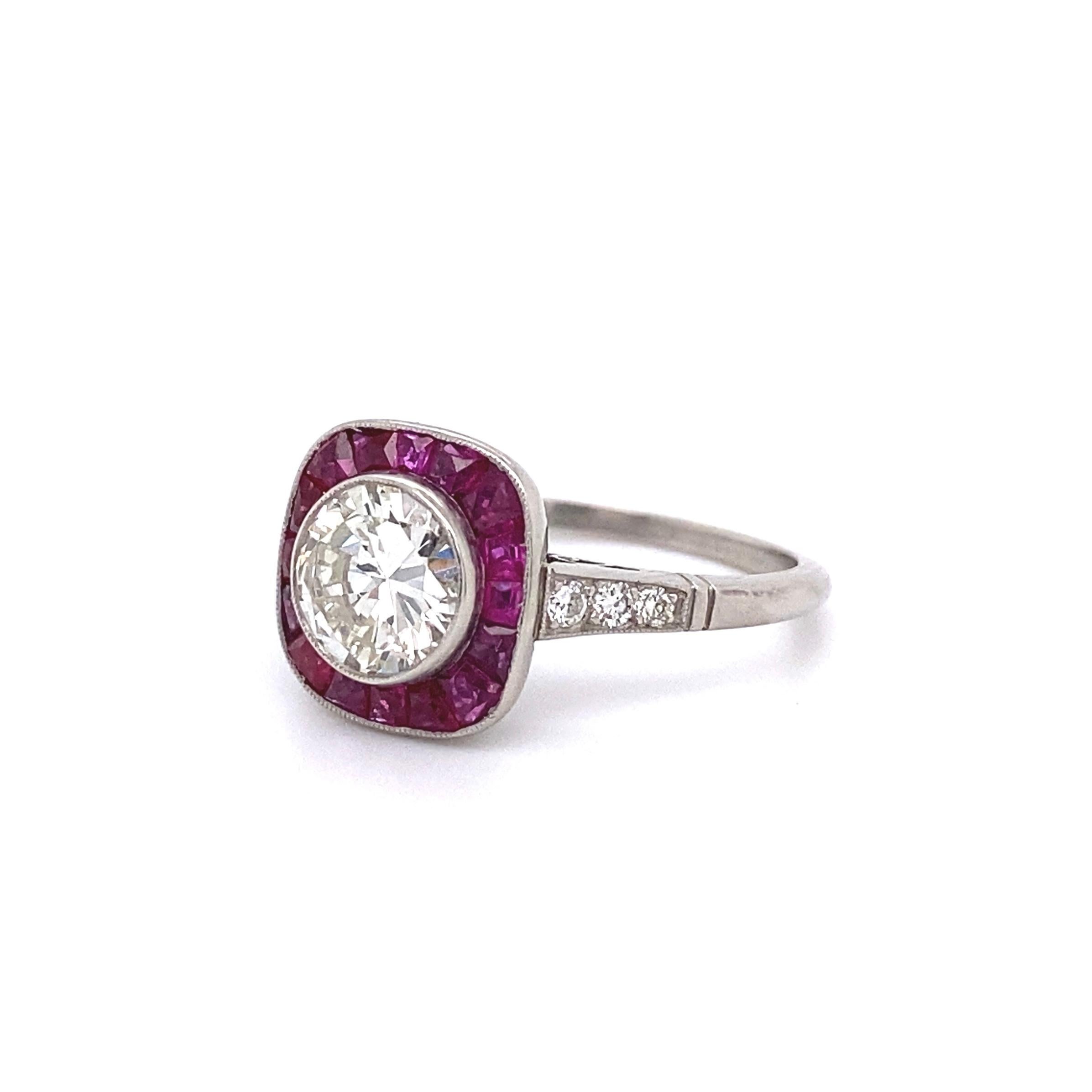 Women's or Men's Diamond and Rubies Platinum Halo Art Deco Style Ring Estate Fine Jewelry