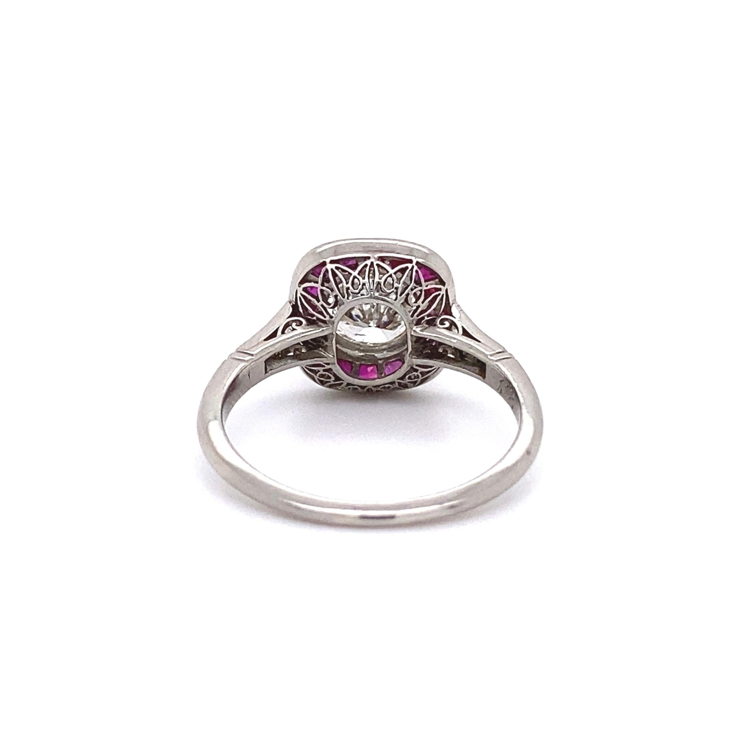 Diamond and Rubies Platinum Halo Art Deco Style Ring Estate Fine Jewelry 1