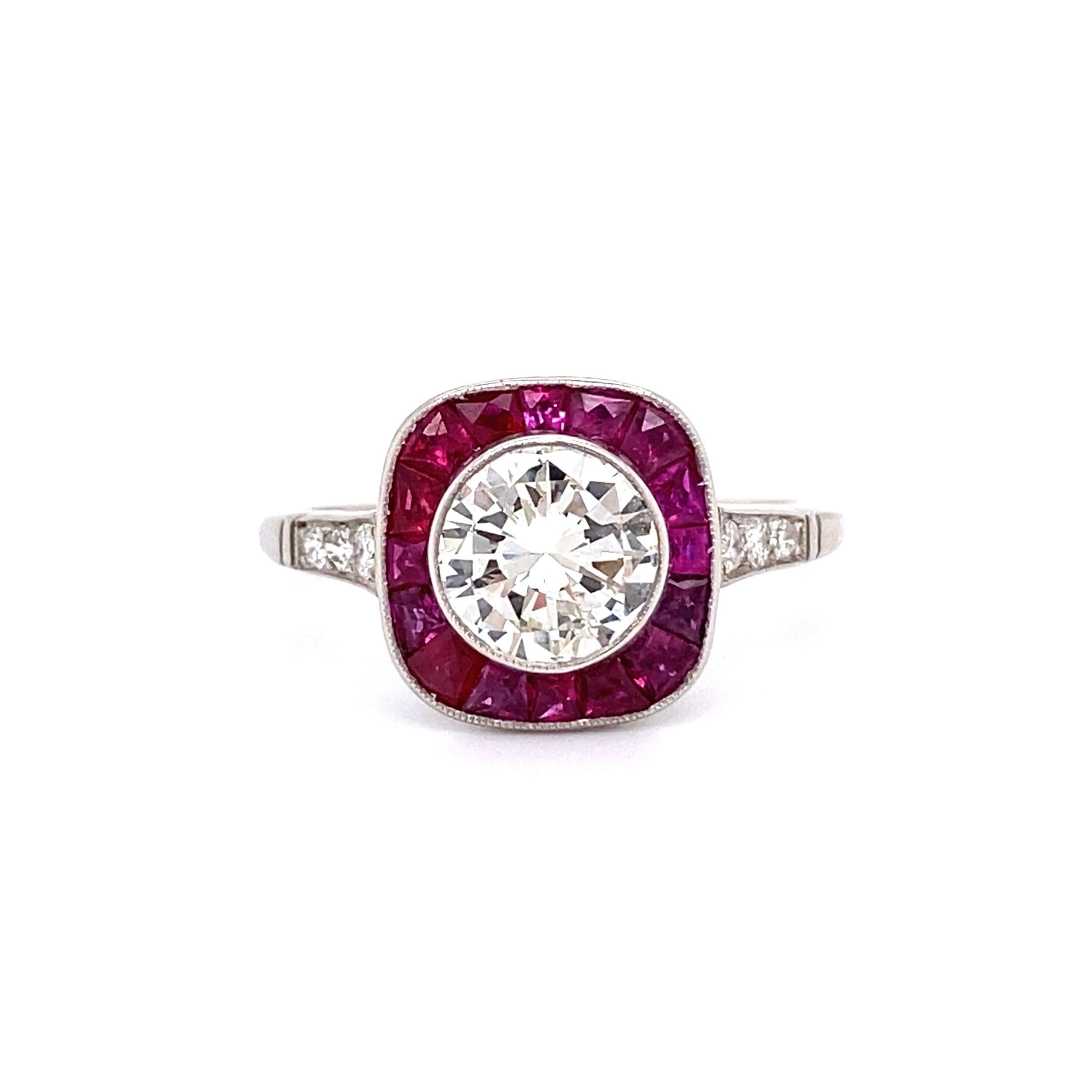 Diamond and Rubies Platinum Halo Art Deco Style Ring Estate Fine Jewelry 2