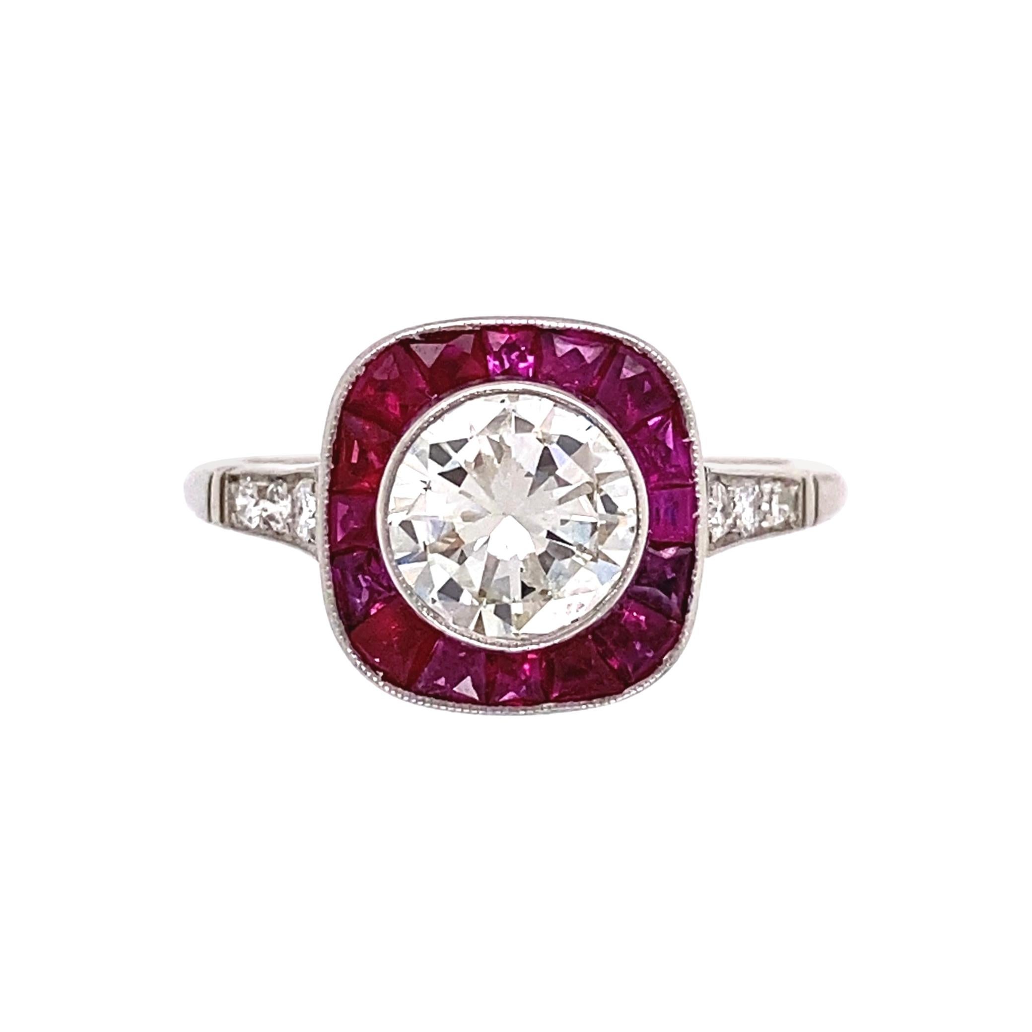 Diamond and Rubies Platinum Halo Art Deco Style Ring Estate Fine Jewelry