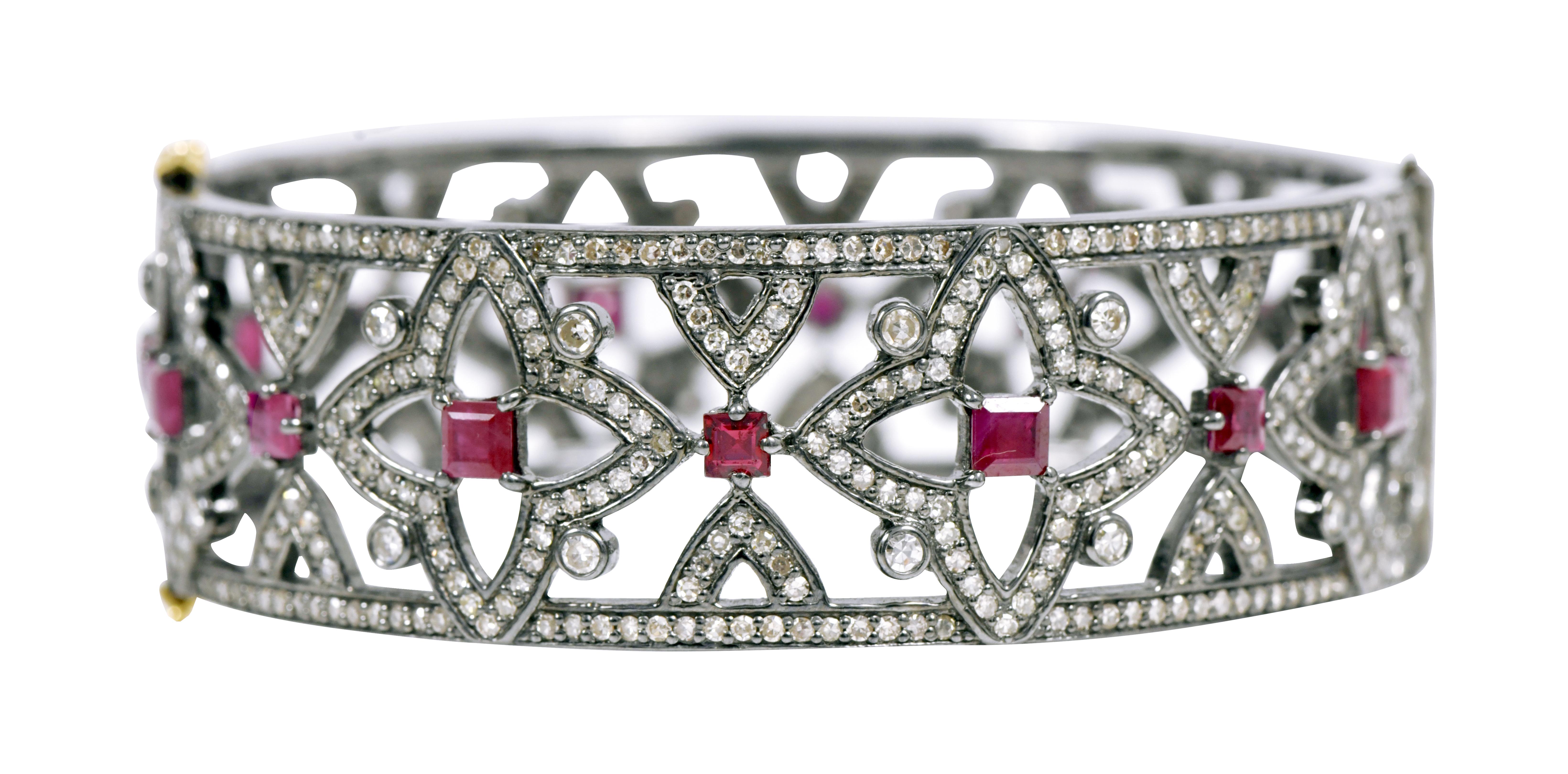 Square Cut Diamond and Ruby 10.60 Carats Bangle in Victorian Style For Sale