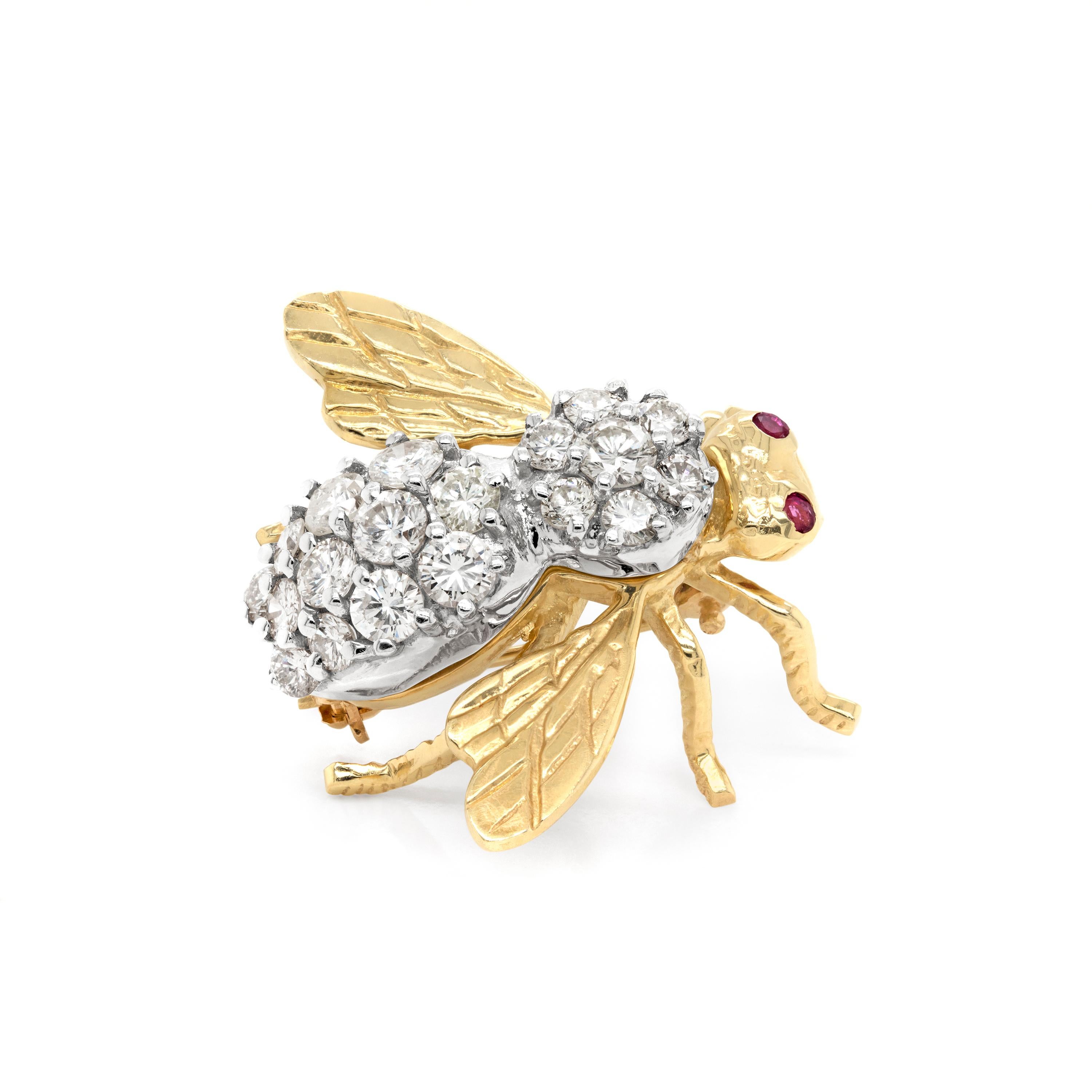Modern Diamond and Ruby 14 Carat White and Yellow Gold Bee Brooch For Sale