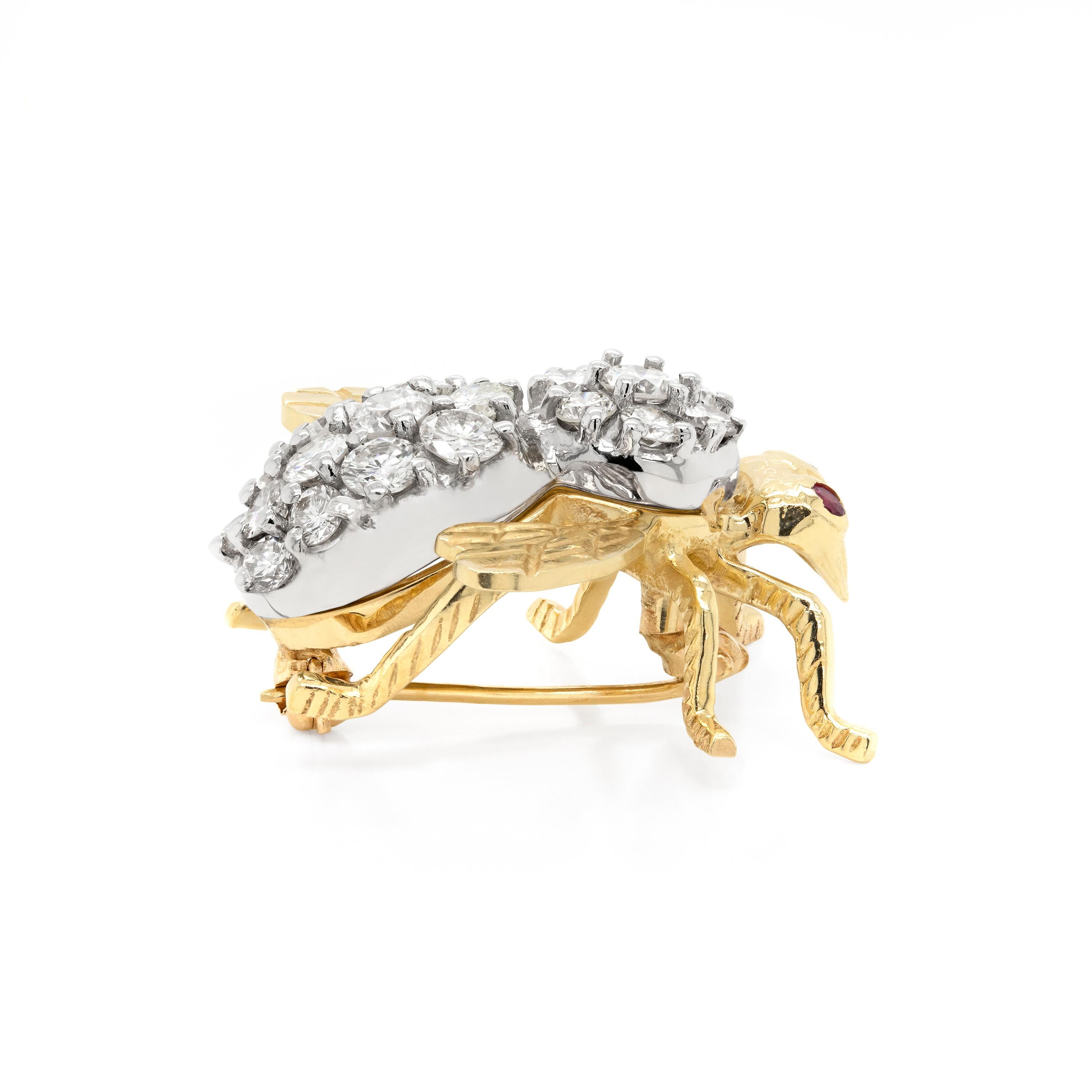Brilliant Cut Diamond and Ruby 14 Carat White and Yellow Gold Bee Brooch For Sale