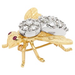 Diamond and Ruby 14 Carat White and Yellow Gold Bee Brooch