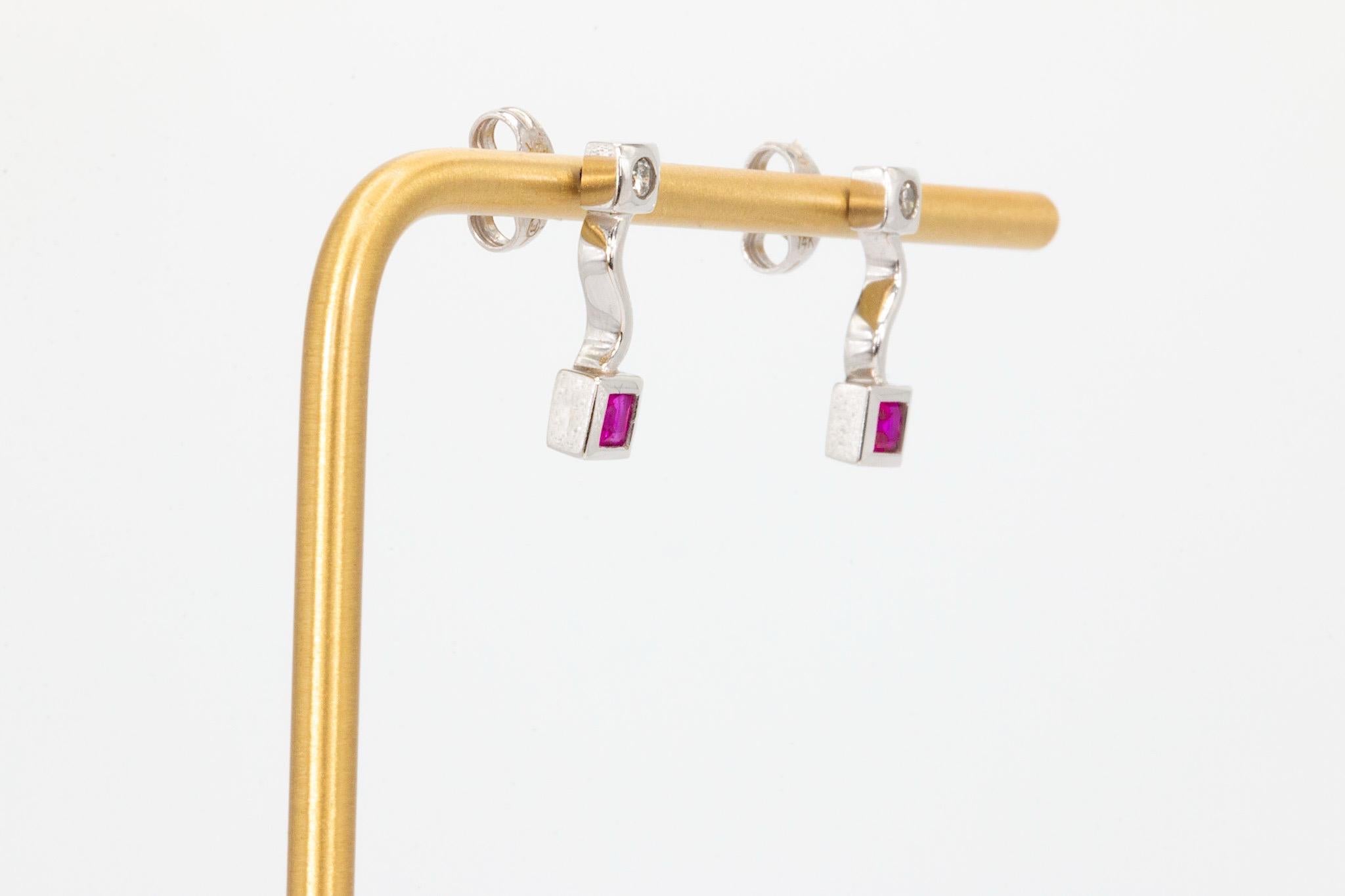 Square Cut Diamond and Ruby 14K White Gold Dangle Earrings For Sale