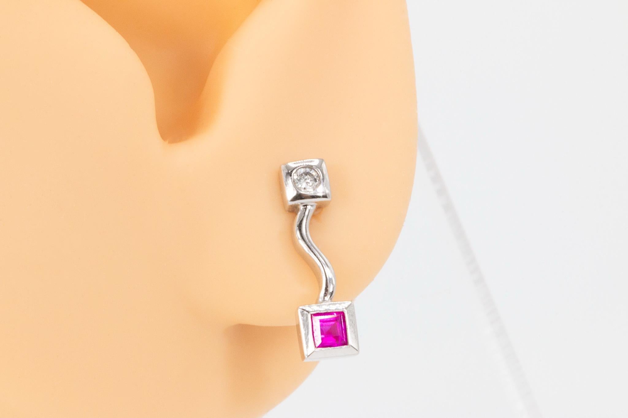 Women's Diamond and Ruby 14K White Gold Dangle Earrings For Sale
