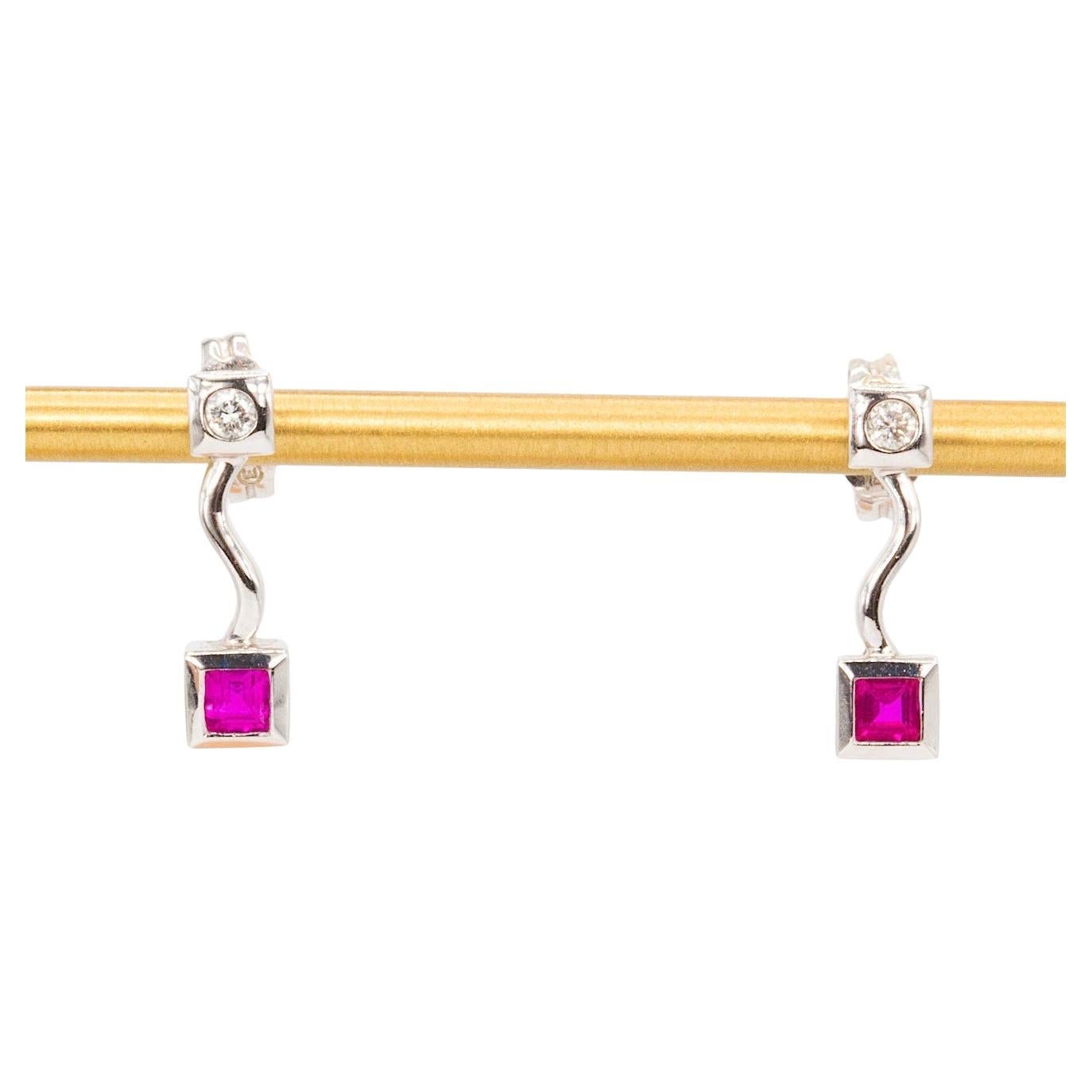 Diamond and Ruby 14K White Gold Dangle Earrings For Sale