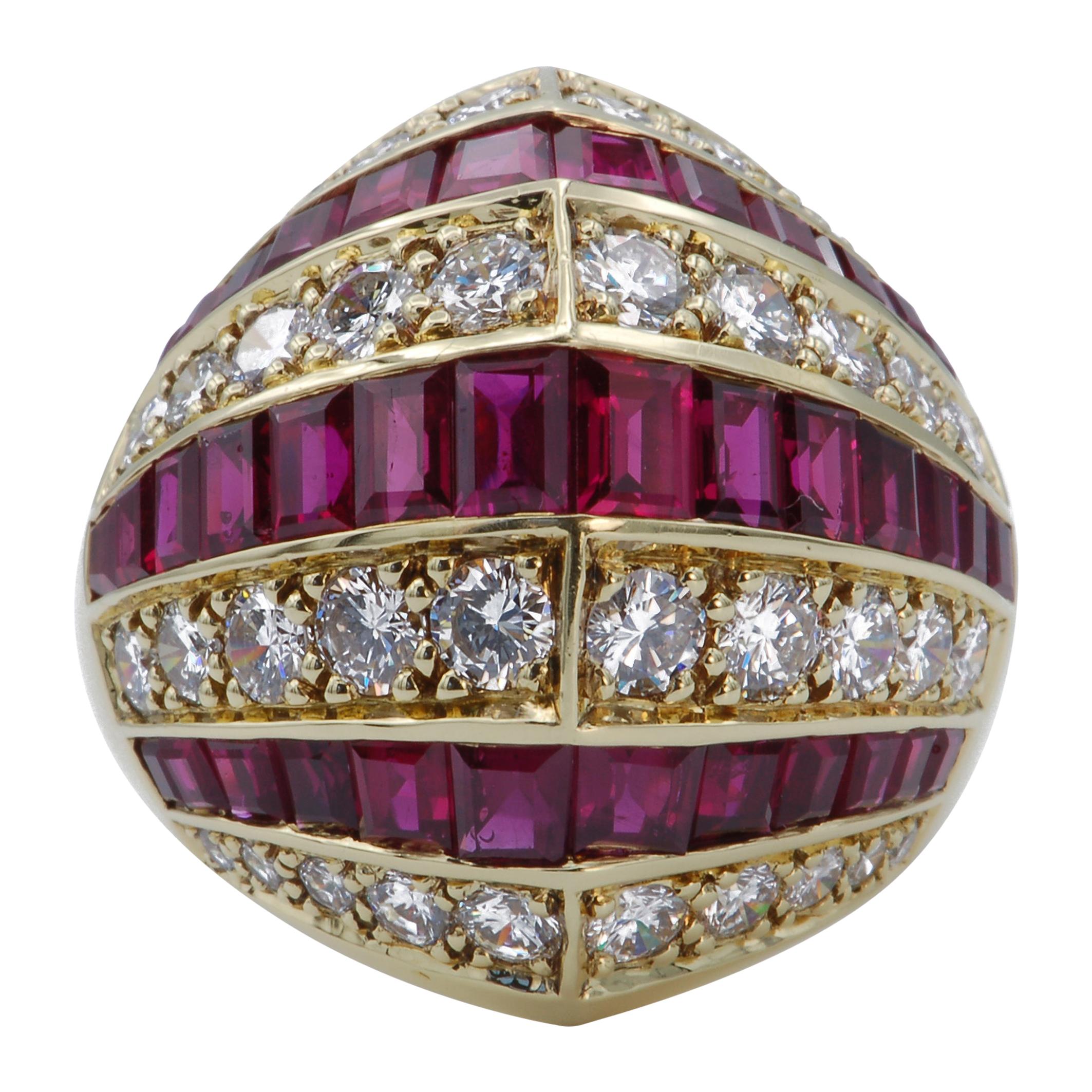Diamond and Ruby 18 Karat Yellow Gold Dome Ring For Sale