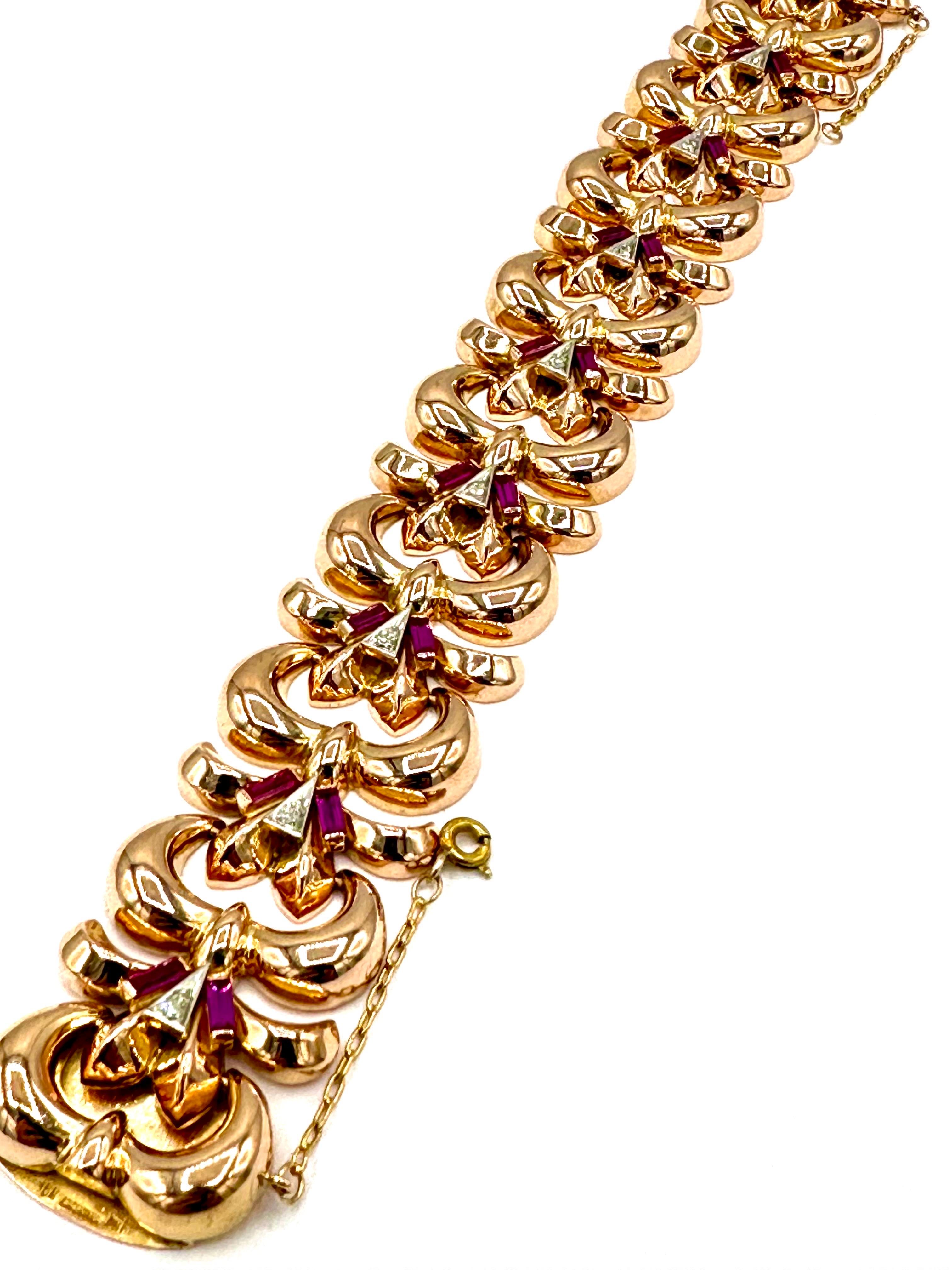 A beautiful retro single cut Diamond and synthetic Ruby bracelet.  There are nine single cut round Diamonds that total 0.31 carats, set with a single  baguette cut synthetic Ruby on each side.  The links are a curved Fleur De Lis style made in 18K