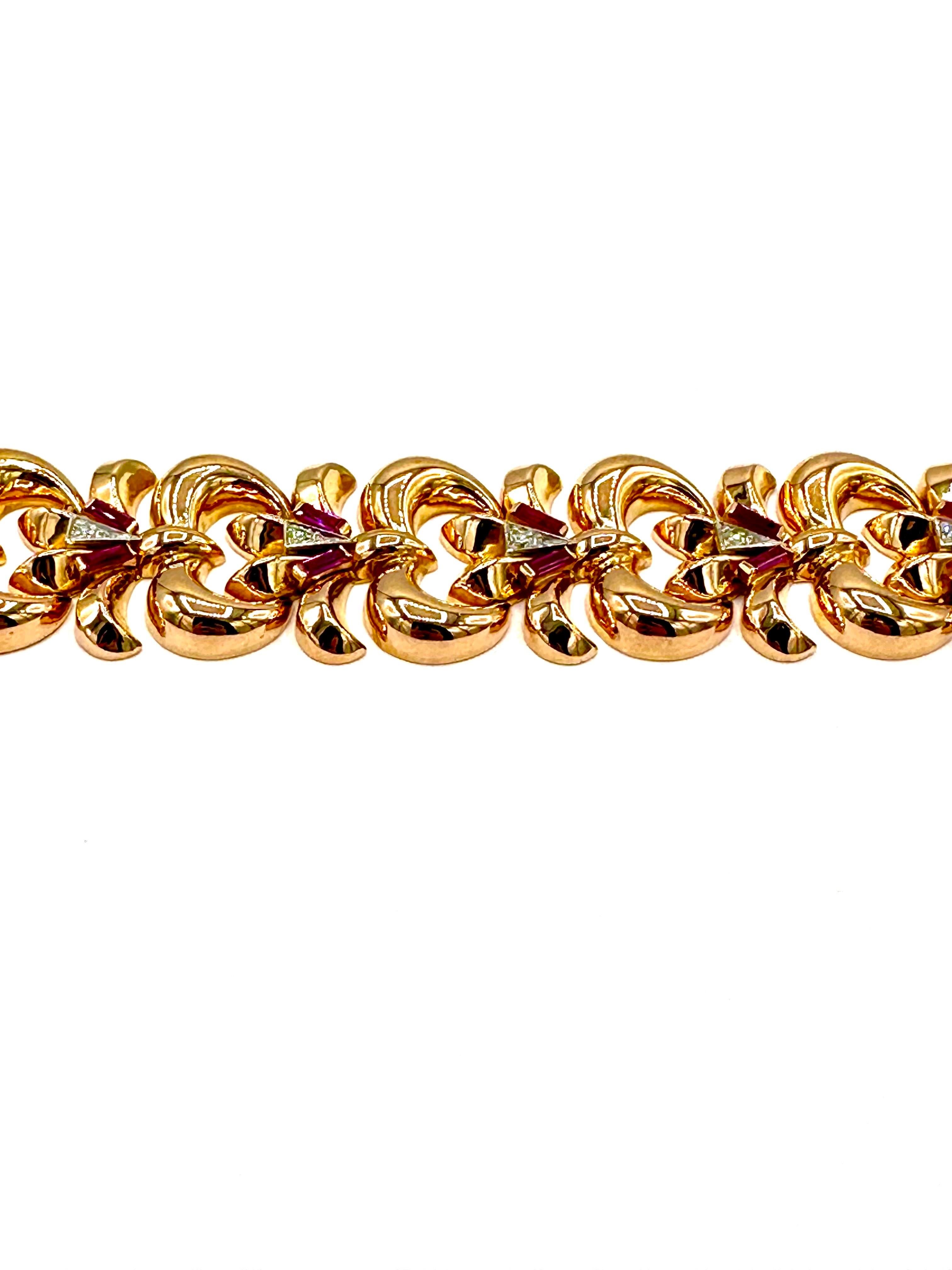 Taille ronde Bracelet en or rose 18 carats avec diamants et rubis et fermoir à boîte cachée en vente