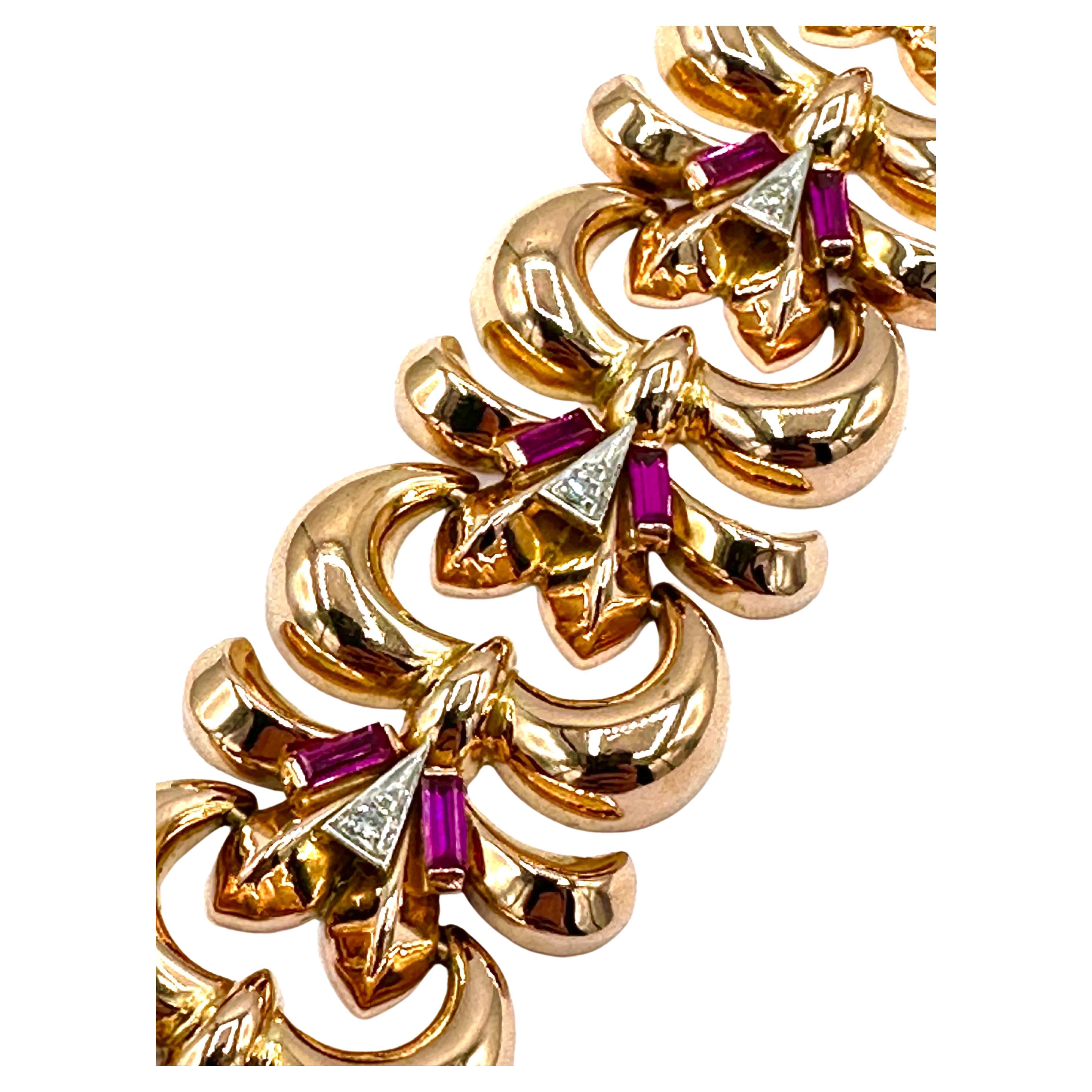 Bracelet en or rose 18 carats avec diamants et rubis et fermoir à boîte cachée