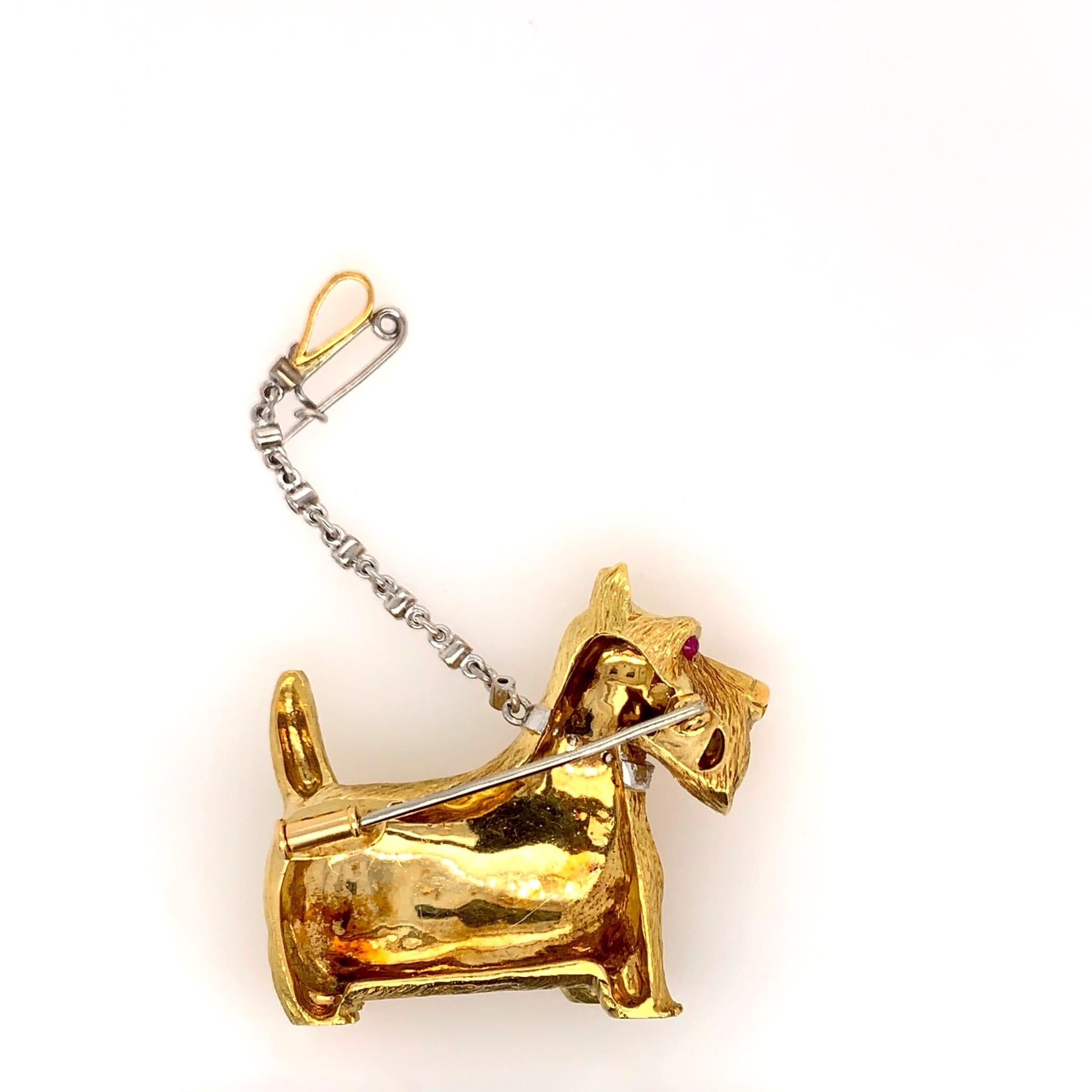 Diamond and Ruby 18 Karat Yellow and White Gold Scottie Dog Brooch For Sale 8