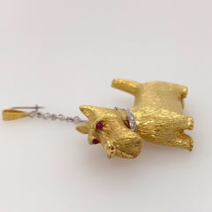 Diamond and Ruby 18 Karat Yellow and White Gold Scottie Dog Brooch