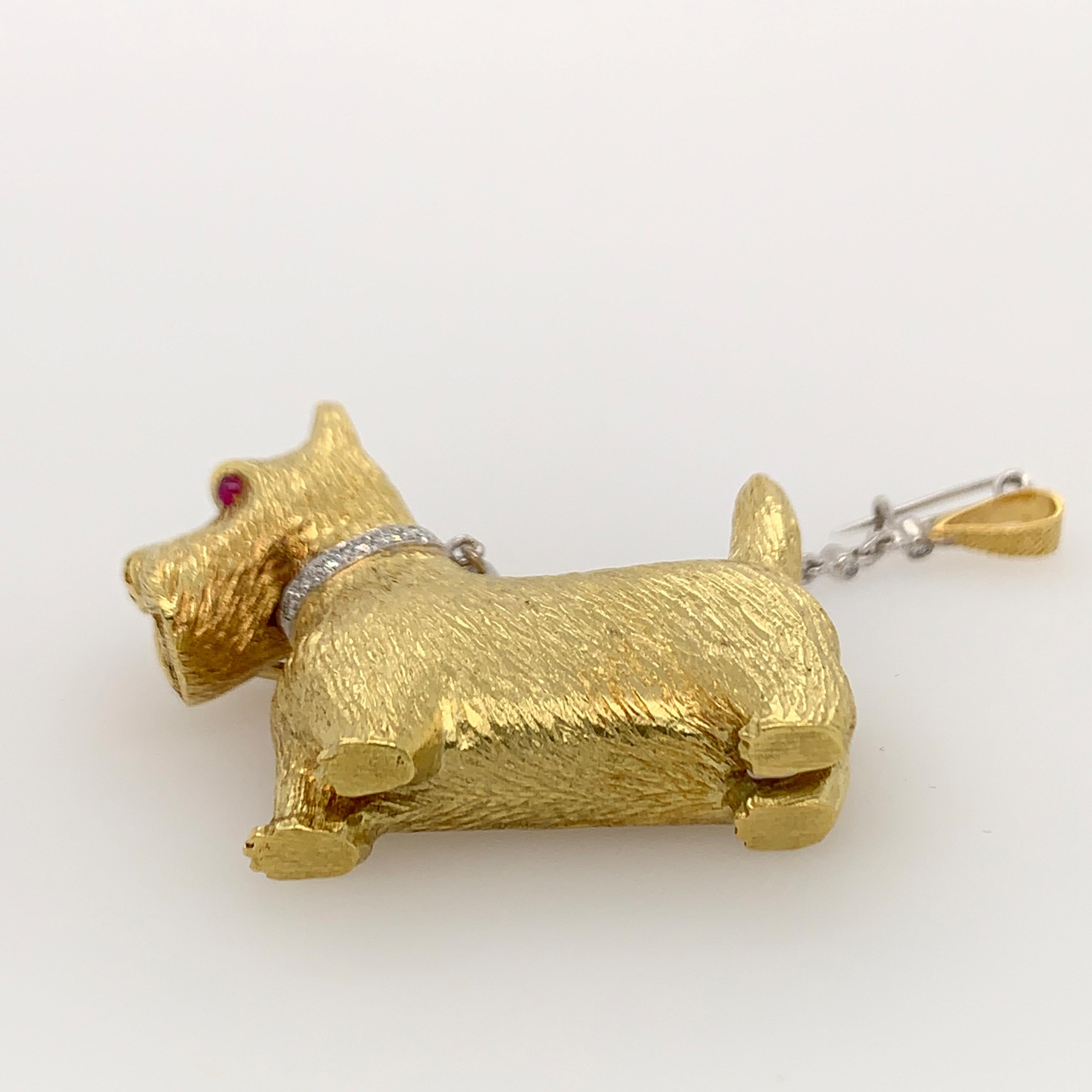 Diamond and Ruby 18 Karat Yellow and White Gold Scottie Dog Brooch For Sale 4