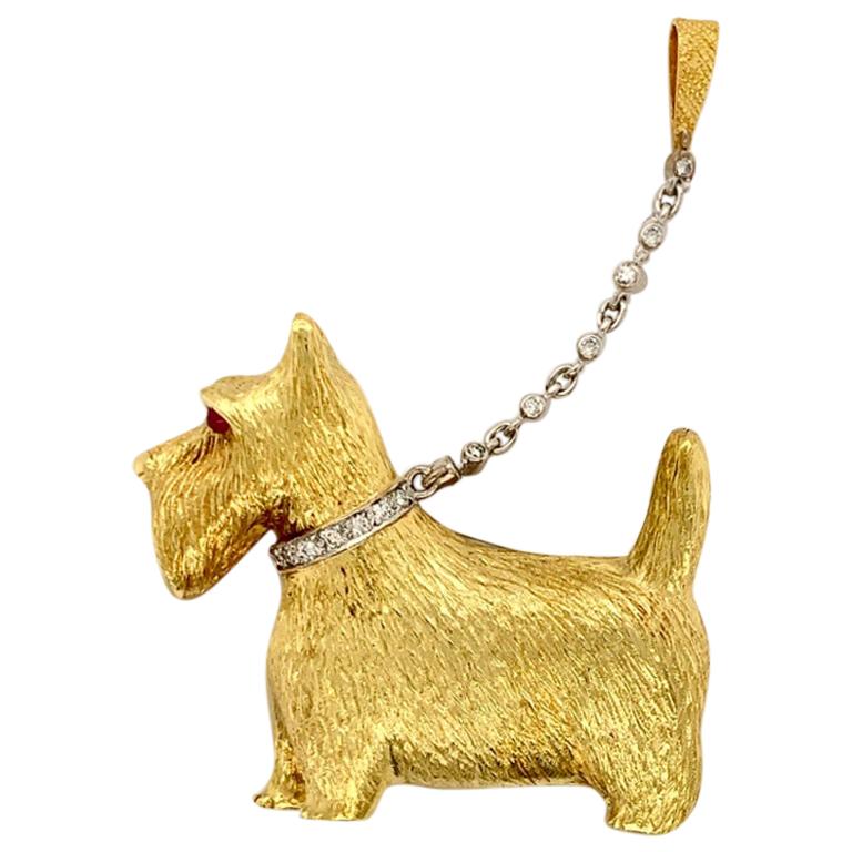 Diamond and Ruby 18 Karat Yellow and White Gold Scottie Dog Brooch For Sale