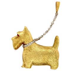 Diamond and Ruby 18 Karat Yellow and White Gold Scottie Dog Brooch