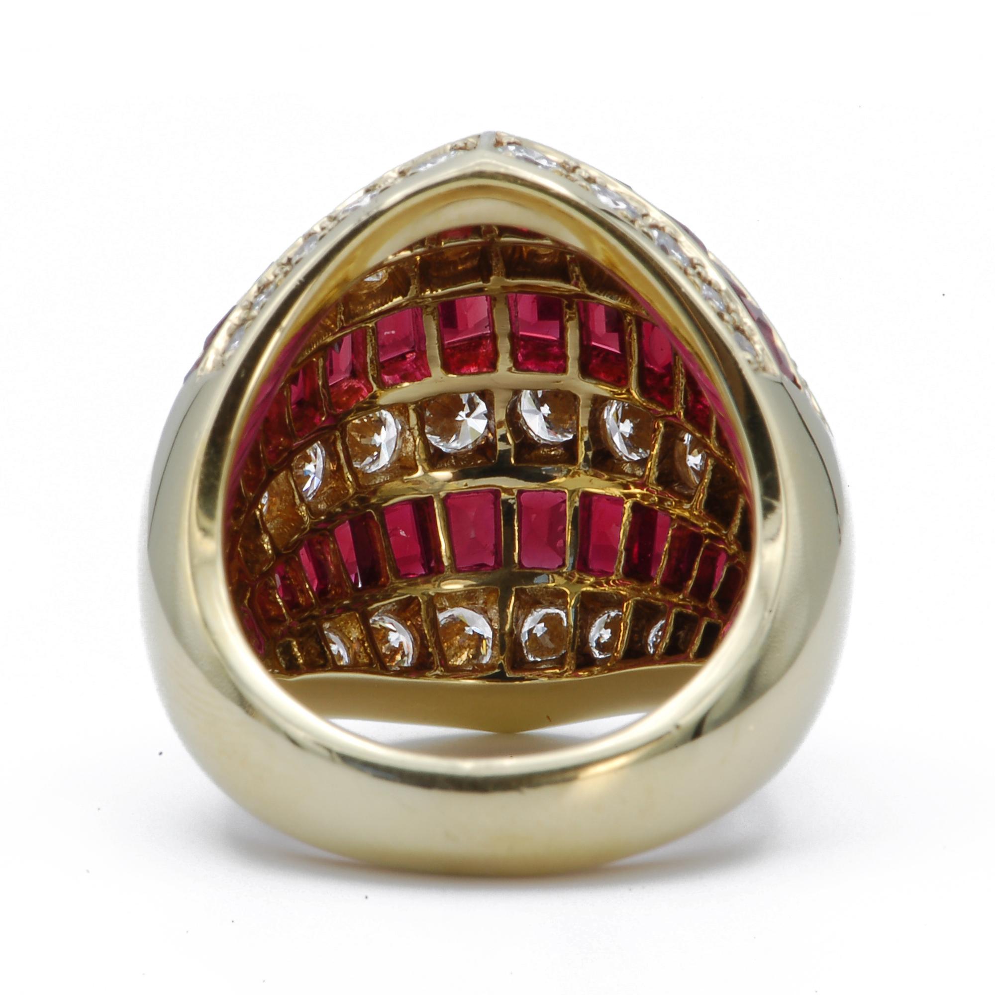 Women's Diamond and Ruby 18 Karat Yellow Gold Dome Ring For Sale