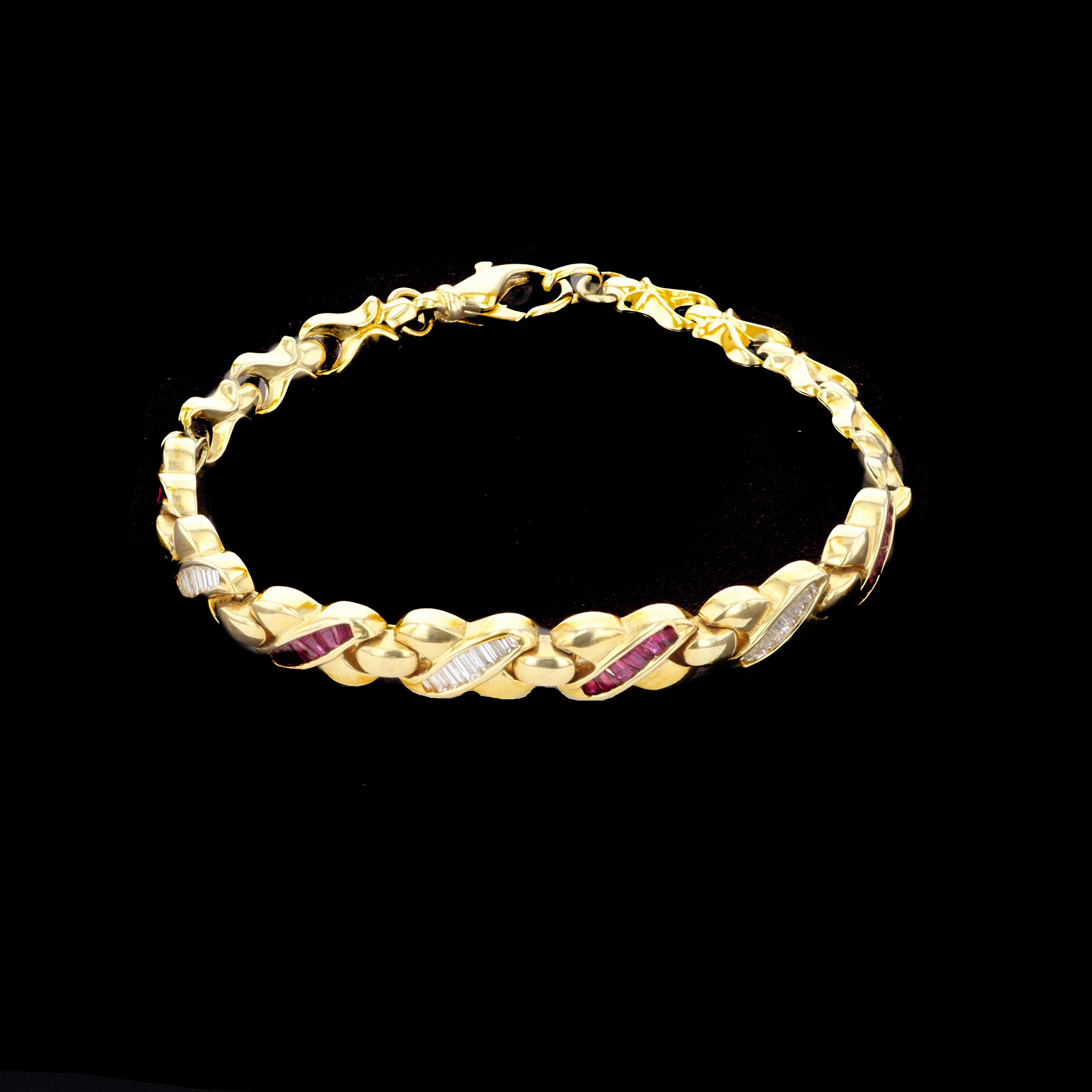 Baguette Cut Diamond and Ruby 18kt Gold Bracelet For Sale