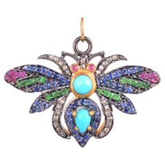 Diamond  Ruby , Tsavorite , Sapphire, Turquoise Gold 925 sterling Silver Pendent