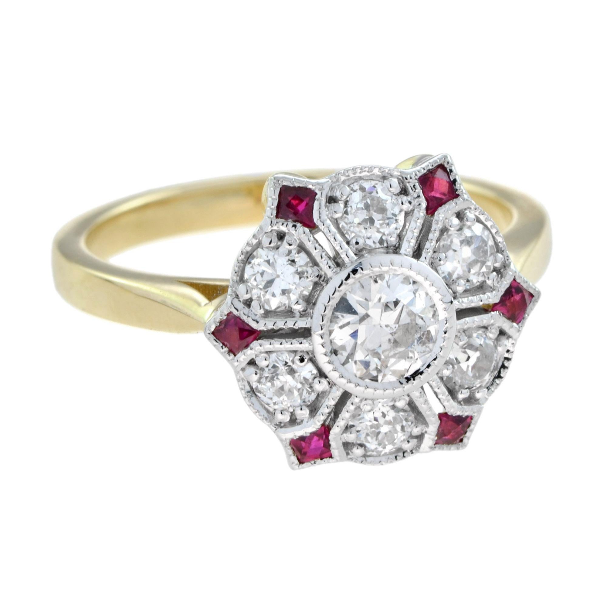 For Sale:  Diamond and Ruby Antique Style Floral Ring in 18k White Top Yellow Gold 4