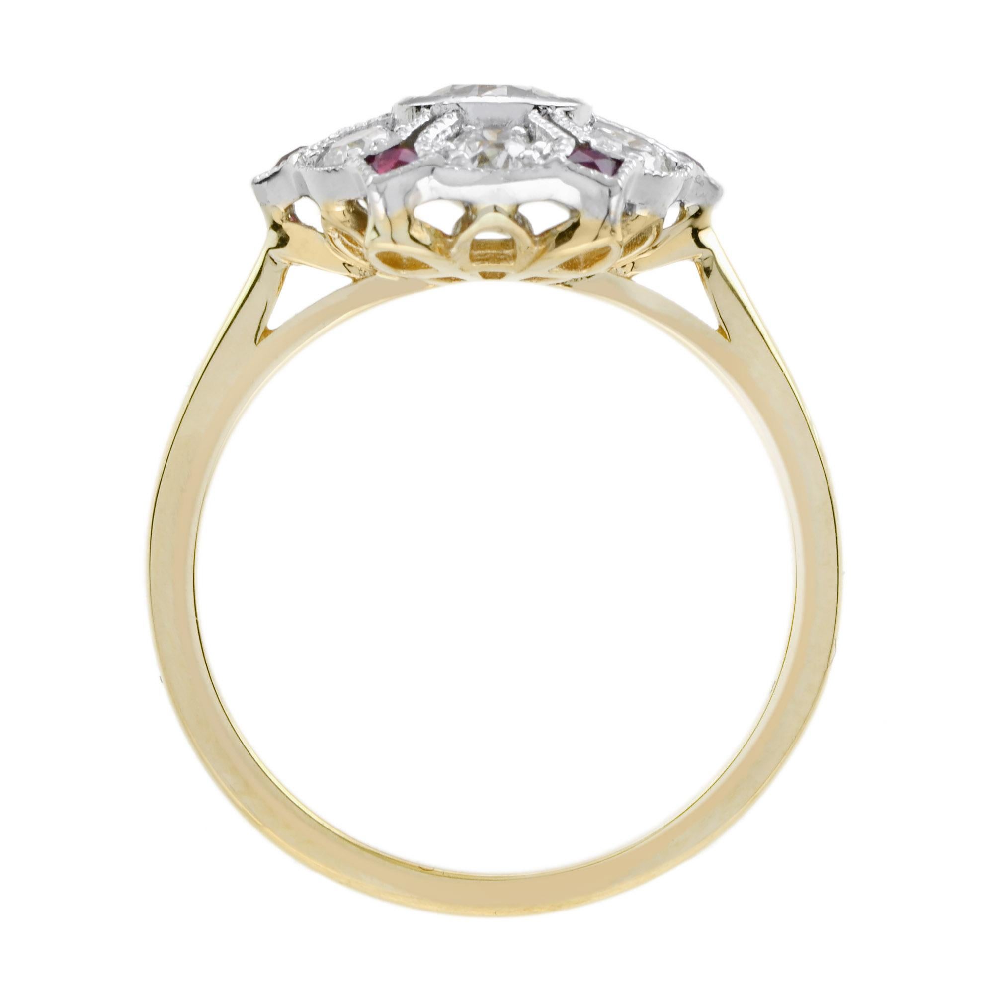 For Sale:  Diamond and Ruby Antique Style Floral Ring in 18k White Top Yellow Gold 7