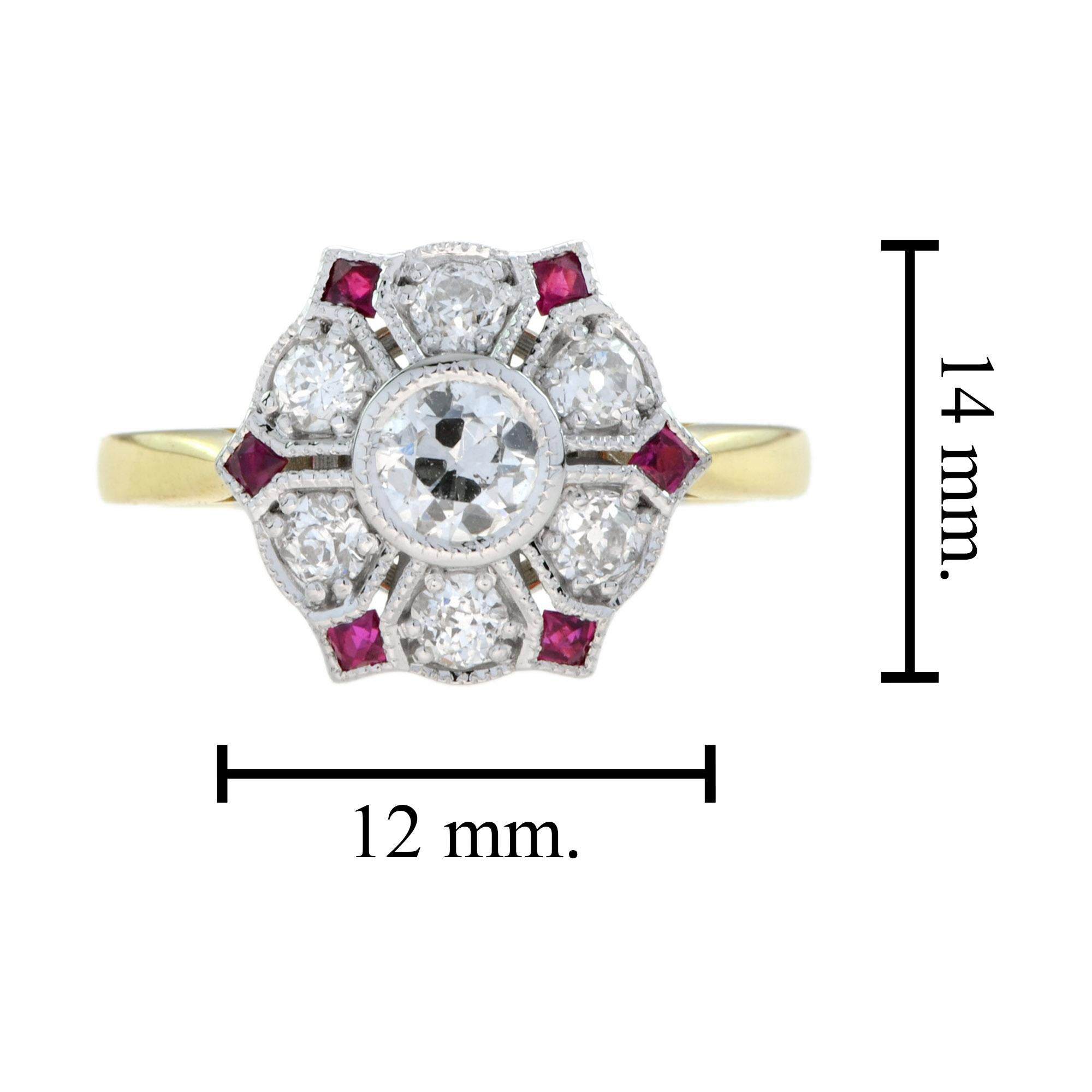 For Sale:  Diamond and Ruby Antique Style Floral Ring in 18k White Top Yellow Gold 8