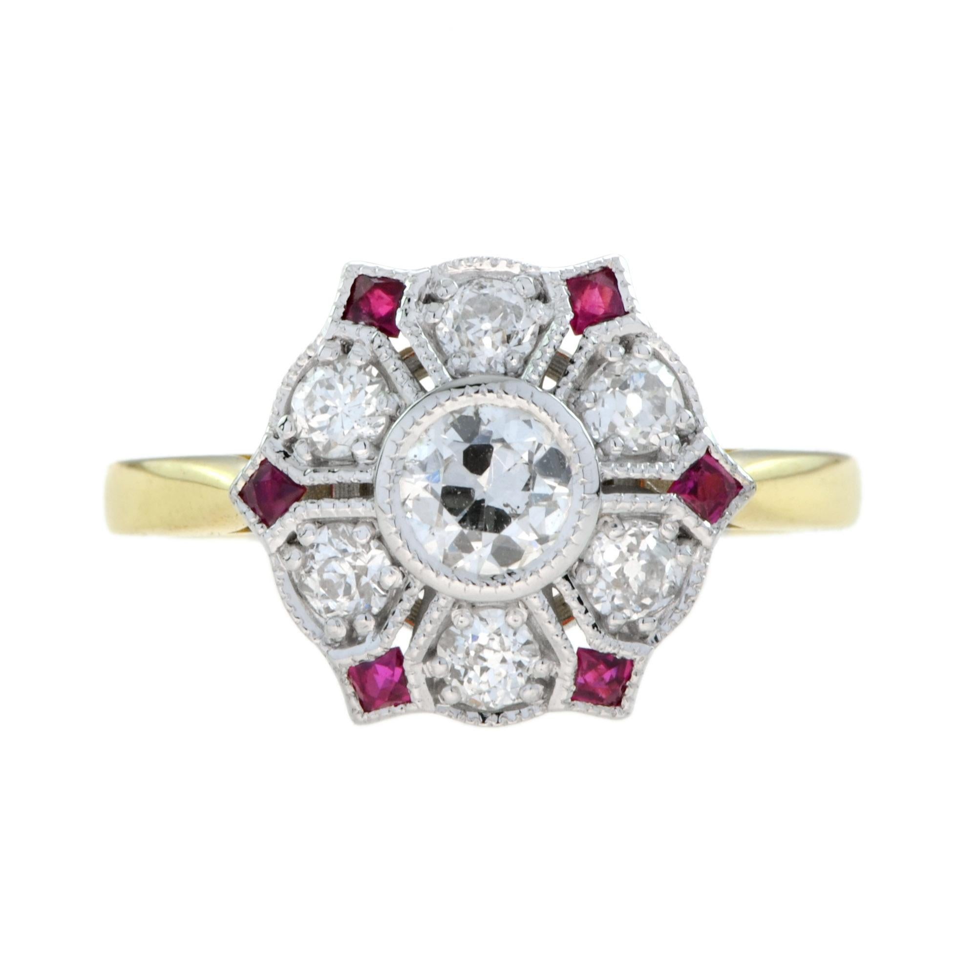 Diamond and Ruby Antique Style Floral Ring in 18k White Top Yellow Gold