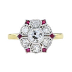 Diamond and Ruby Antique Style Floral Ring in 18k White Top Yellow Gold