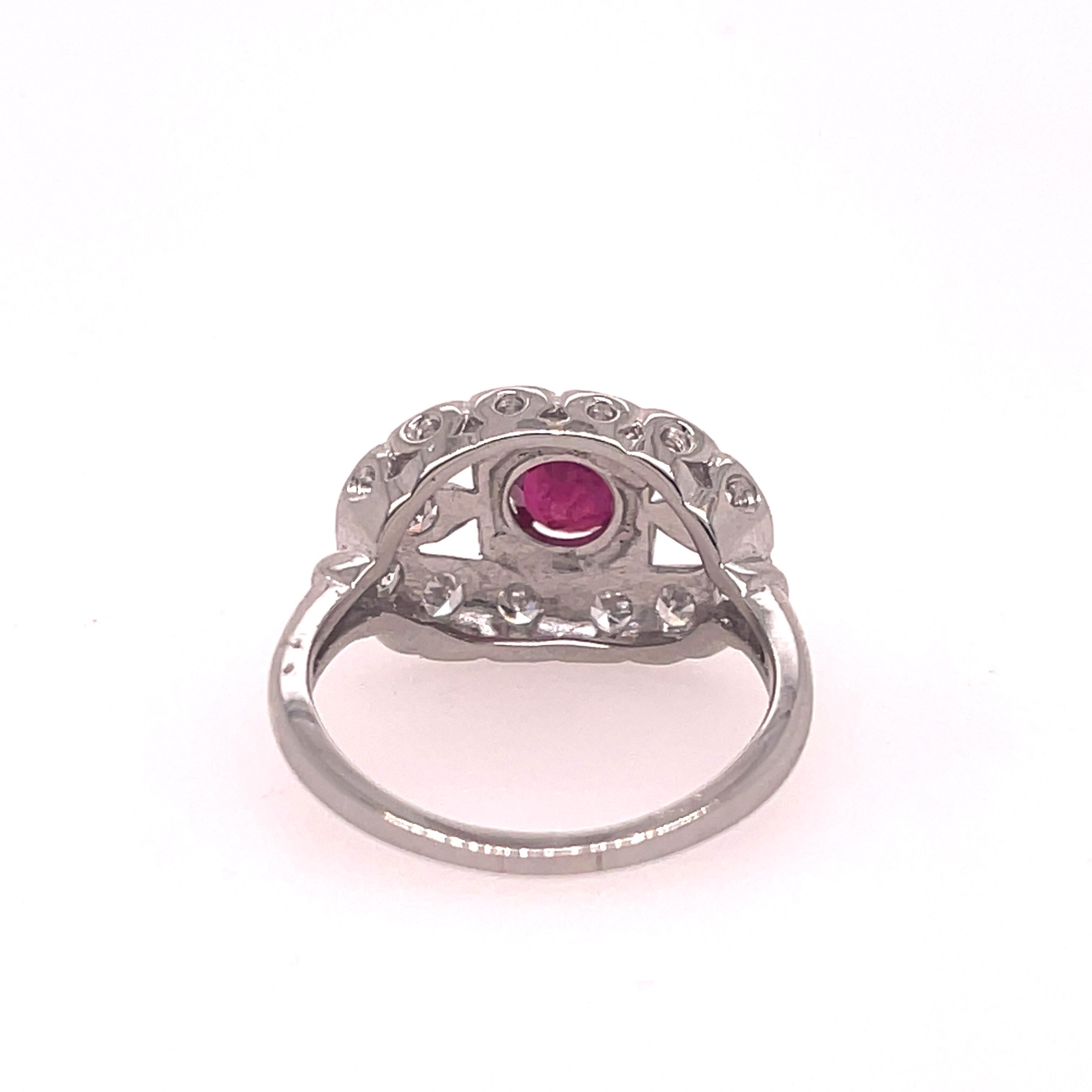 Round Cut Diamond and Ruby Art Deco Ring in Platinum For Sale