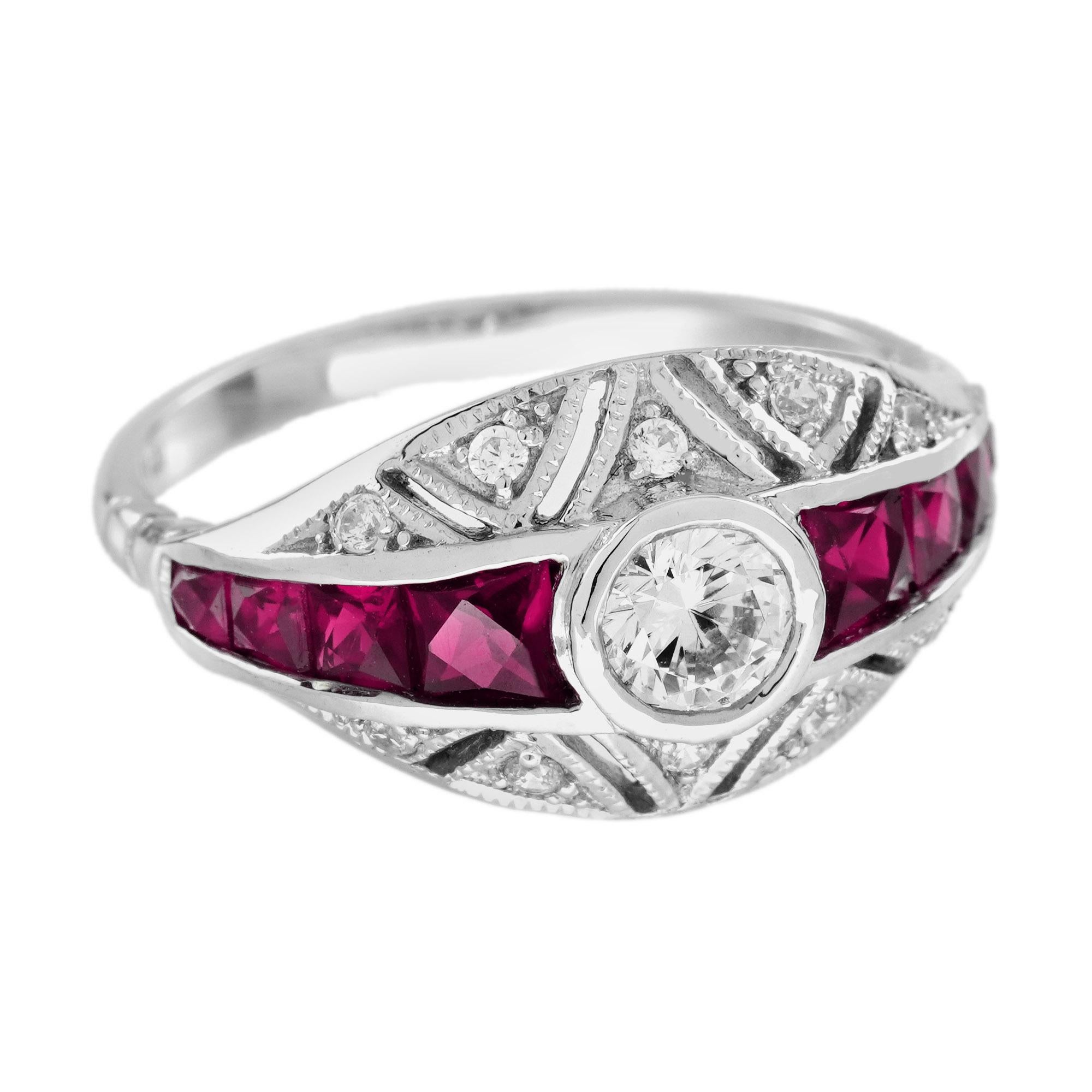 Round Cut Diamond and Ruby Art Deco Style Bombay Ring in 18K White Gold For Sale