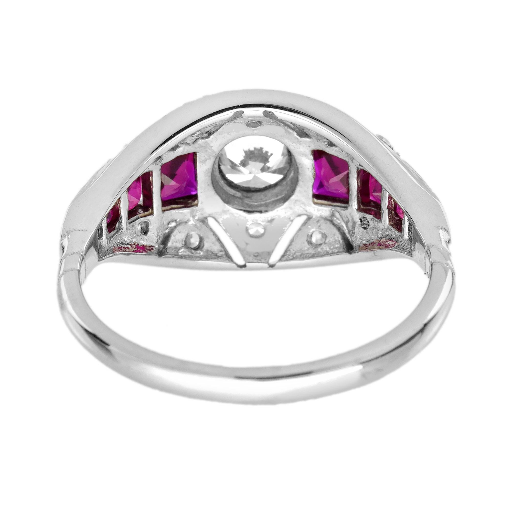 Women's Diamond and Ruby Art Deco Style Bombay Ring in 18K White Gold For Sale