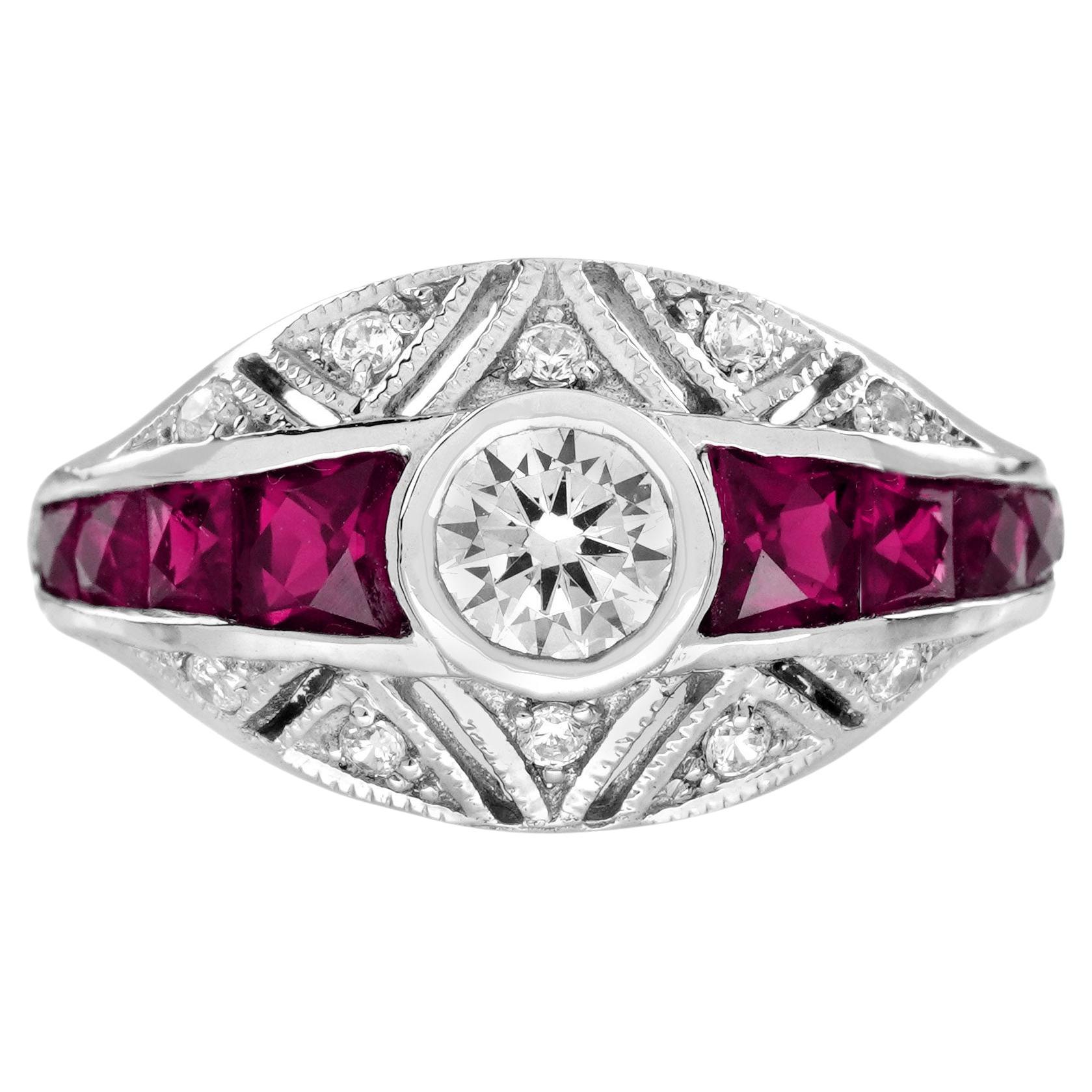 Diamond and Ruby Art Deco Style Bombay Ring in 18K White Gold For Sale