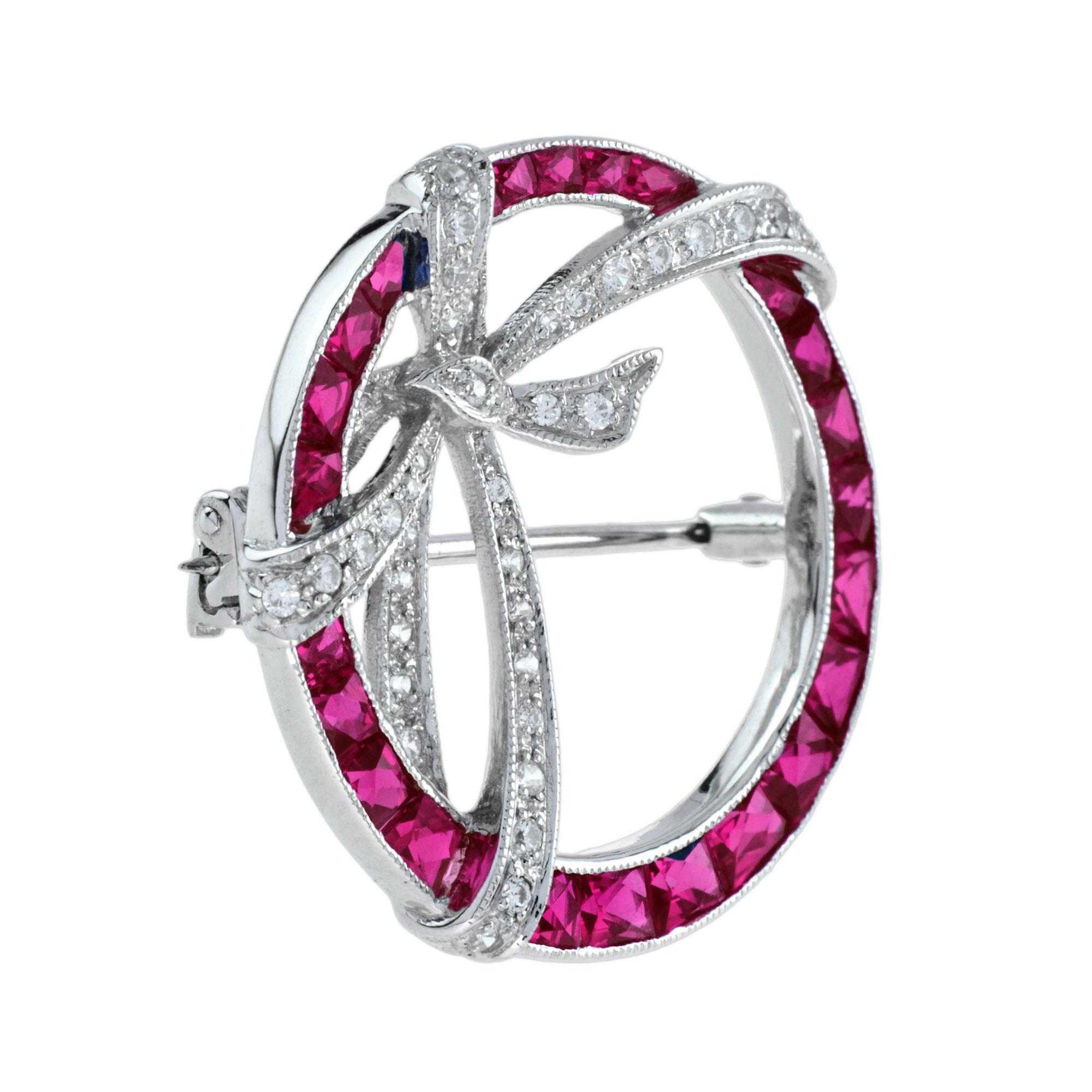 Round Cut Diamond and Ruby Art Deco Style Circle Ribbon Brooch in 14K White Gold For Sale