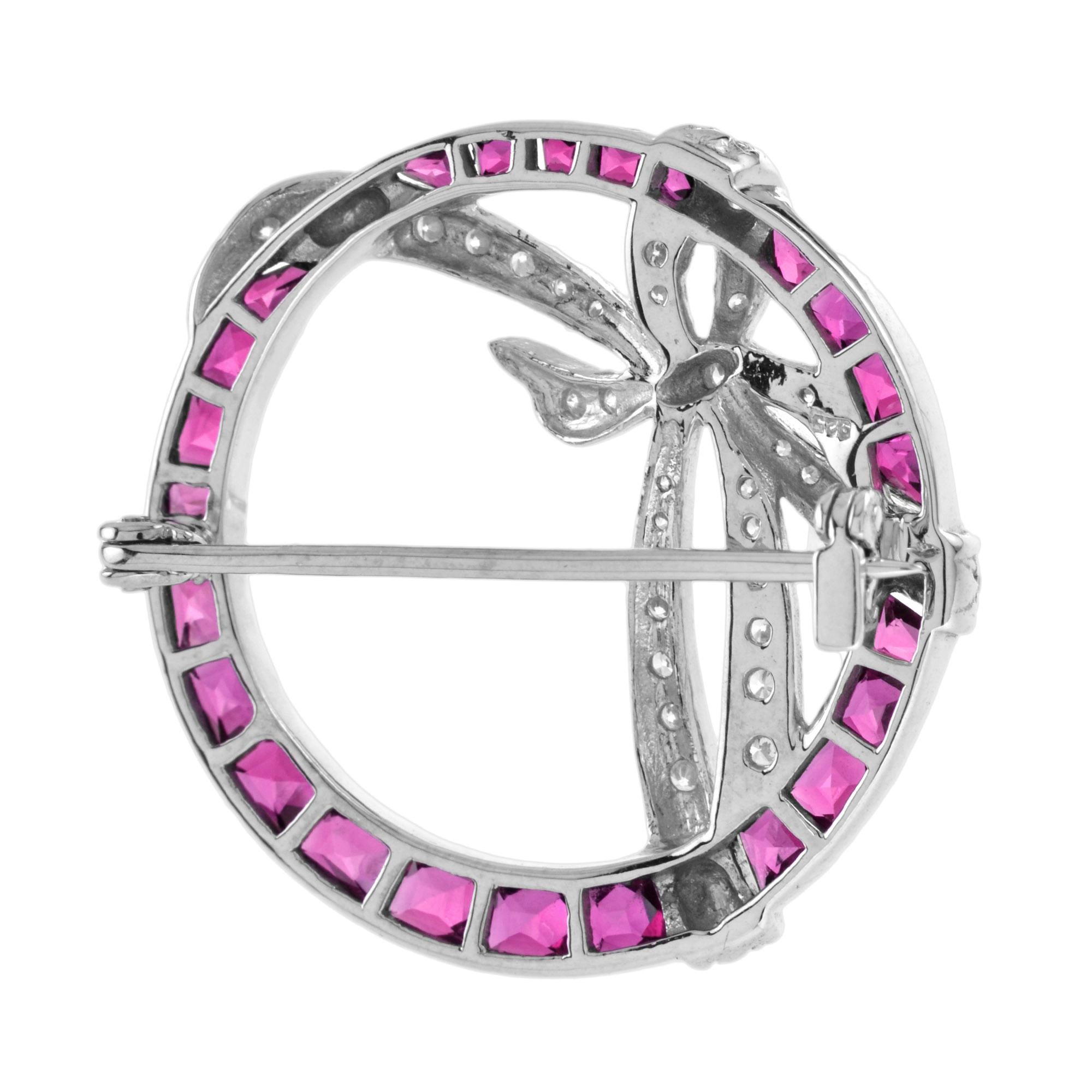 Diamond and Ruby Art Deco Style Circle Ribbon Brooch in 14K White Gold In New Condition For Sale In Bangkok, TH