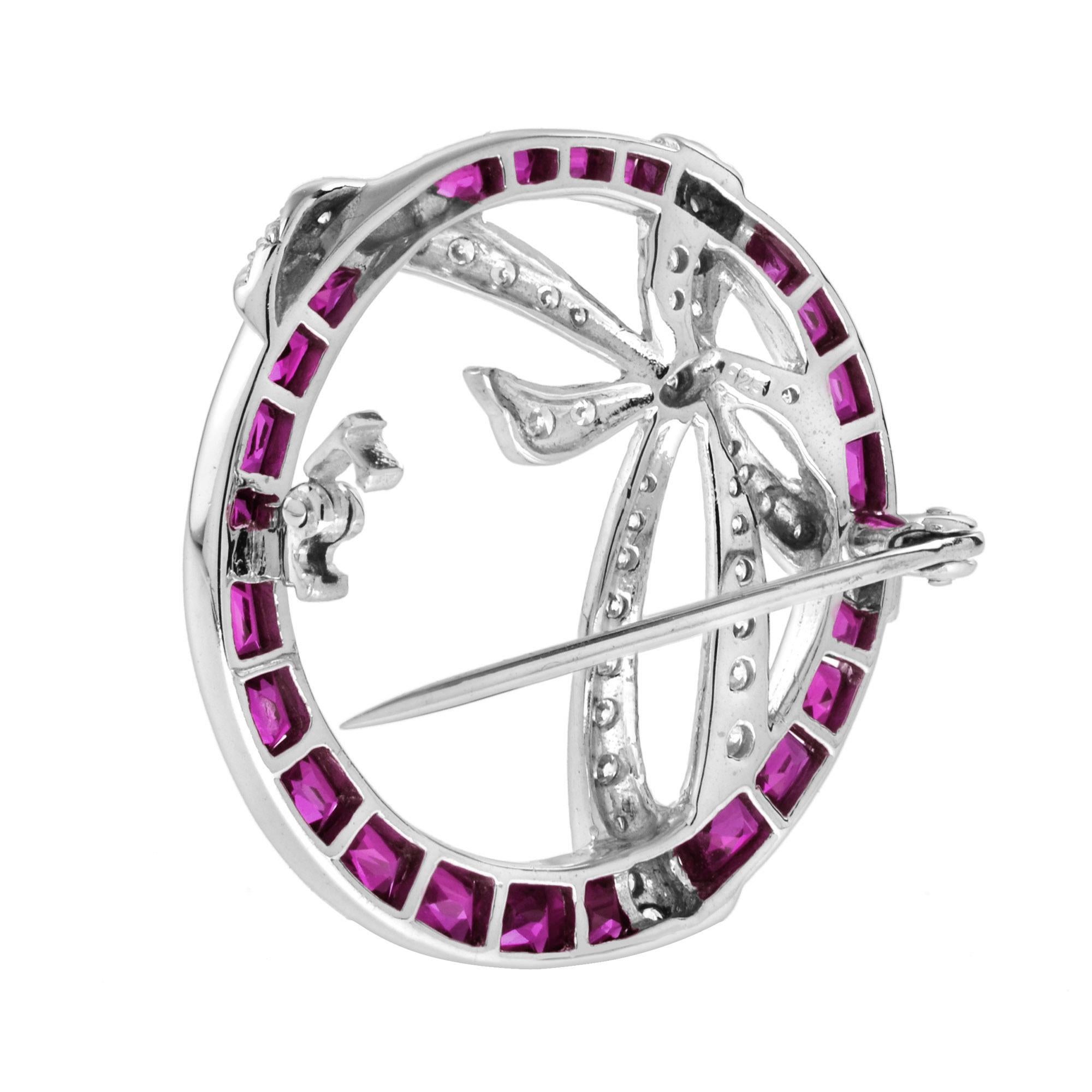 Women's Diamond and Ruby Art Deco Style Circle Ribbon Brooch in 14K White Gold For Sale