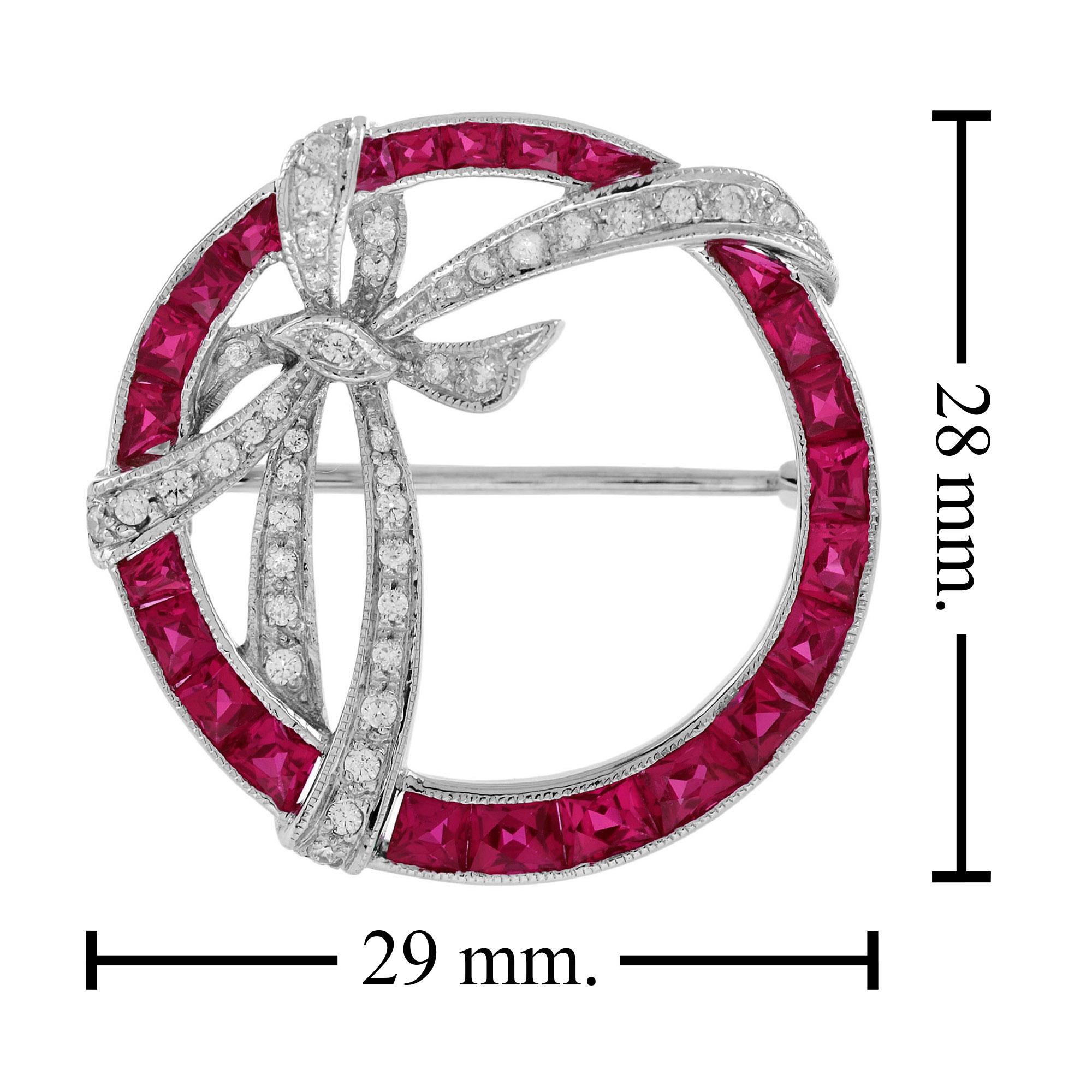 Diamond and Ruby Art Deco Style Circle Ribbon Brooch in 14K White Gold For Sale 1