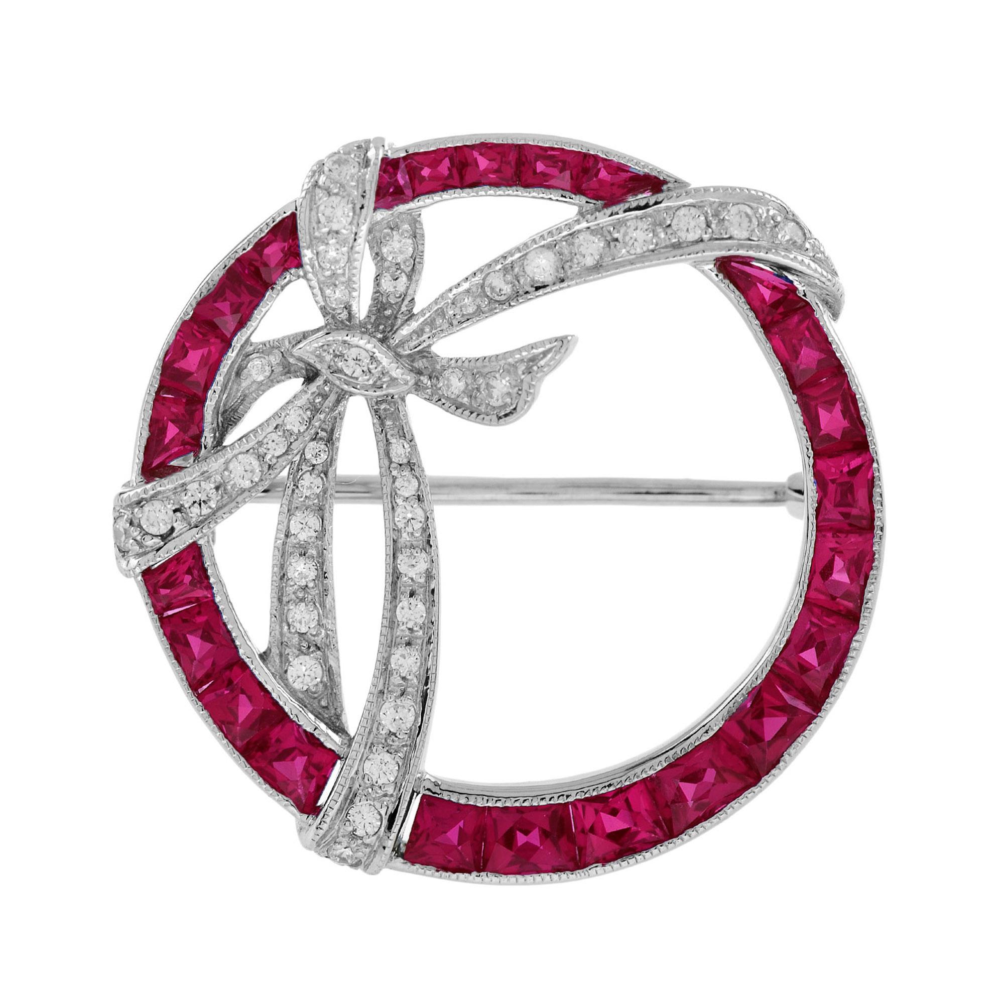 Diamond and Ruby Art Deco Style Circle Ribbon Brooch in 14K White Gold