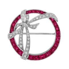 Diamond and Ruby Art Deco Style Circle Ribbon Brooch in 14K White Gold