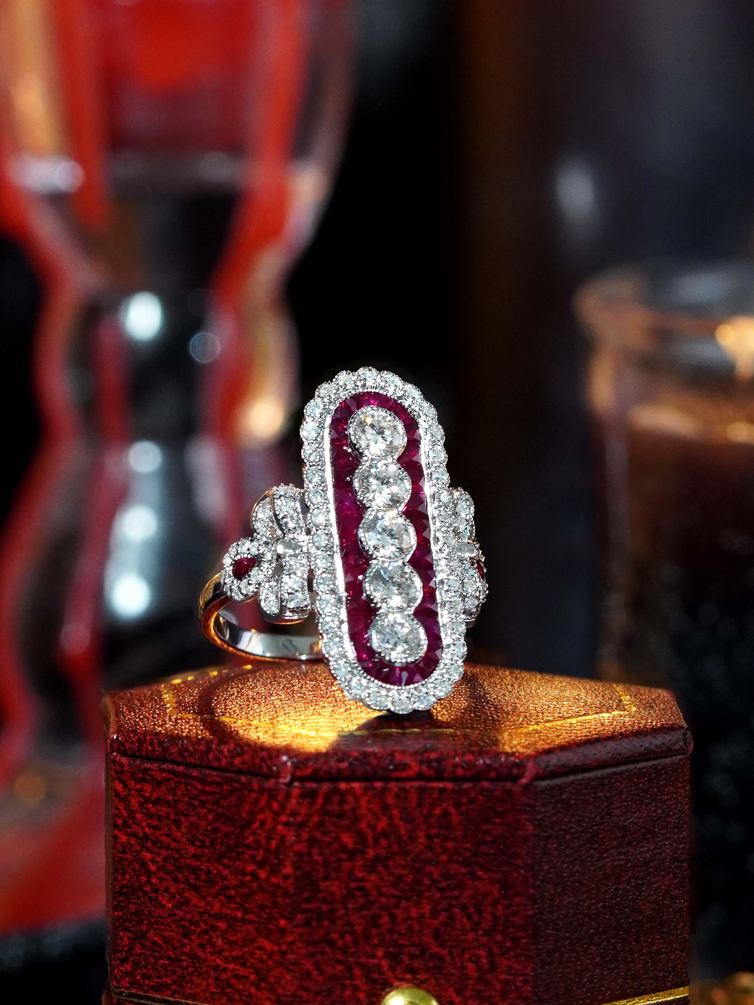 Bague de cocktail en or blanc 14 carats, diamant et rubis, style Art déco Pour femmes en vente