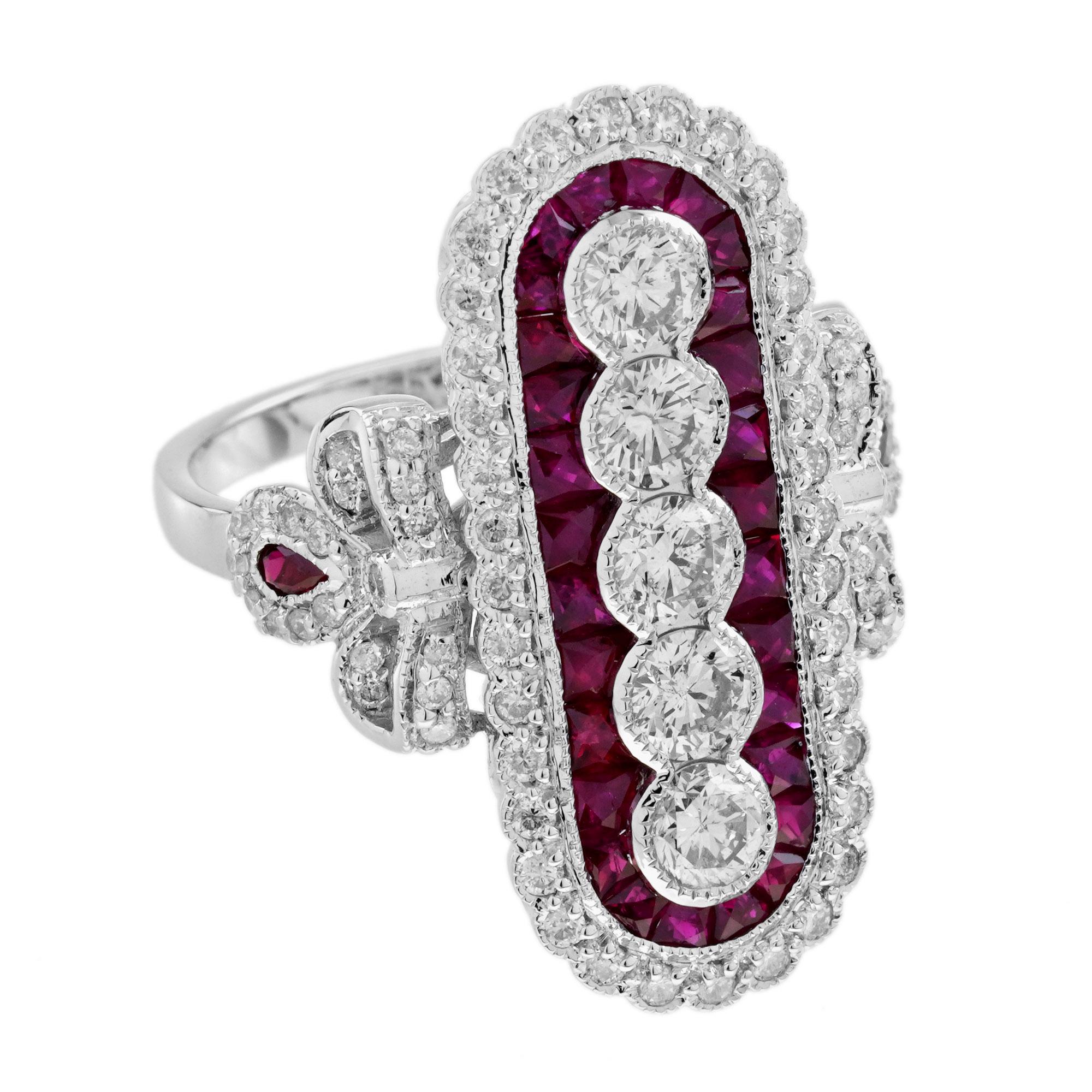 Bague de cocktail en or blanc 14 carats, diamant et rubis, style Art déco en vente 1