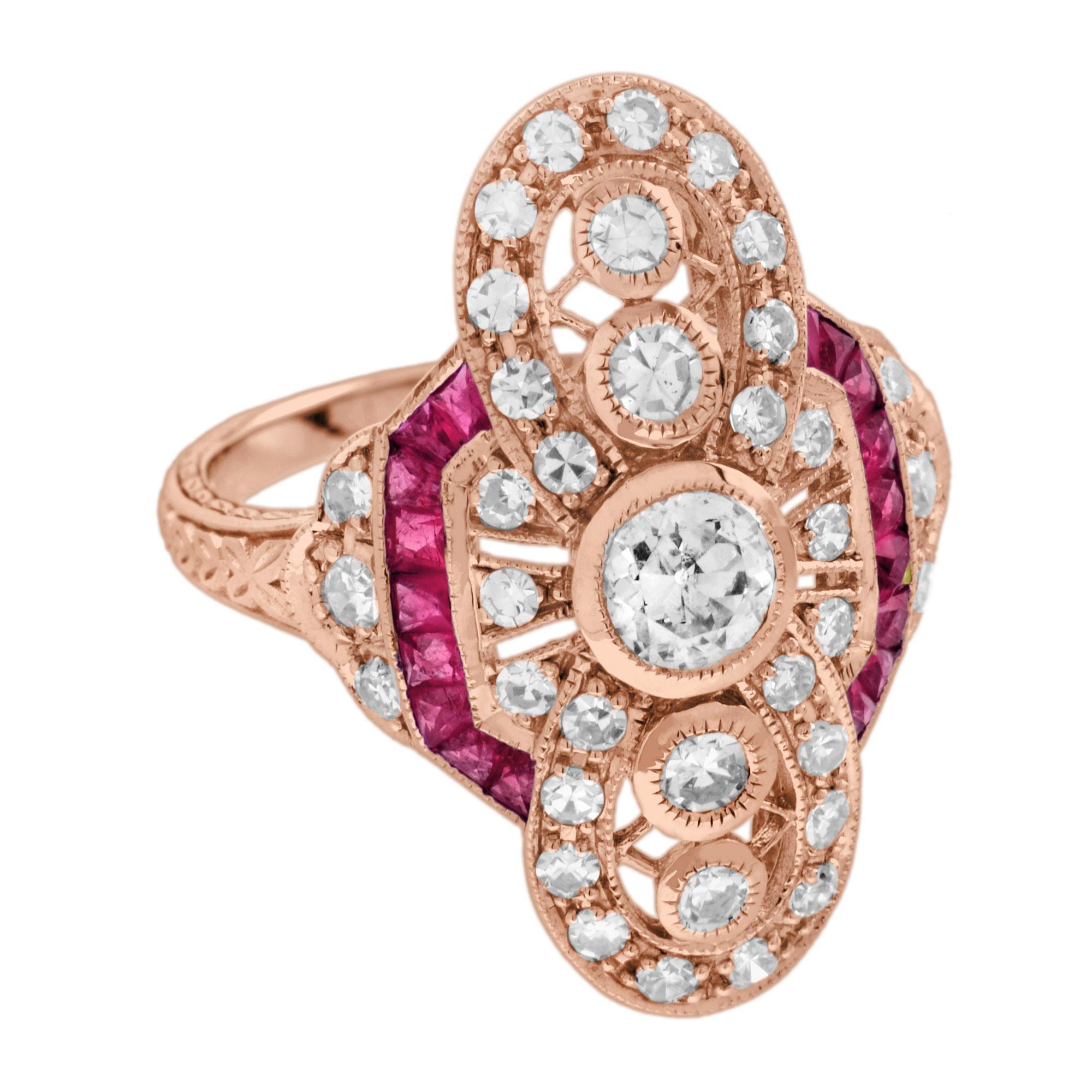 Emerald Cut Diamond and Ruby Art Deco Style Cocktail Ring in 18K Rose Gold For Sale