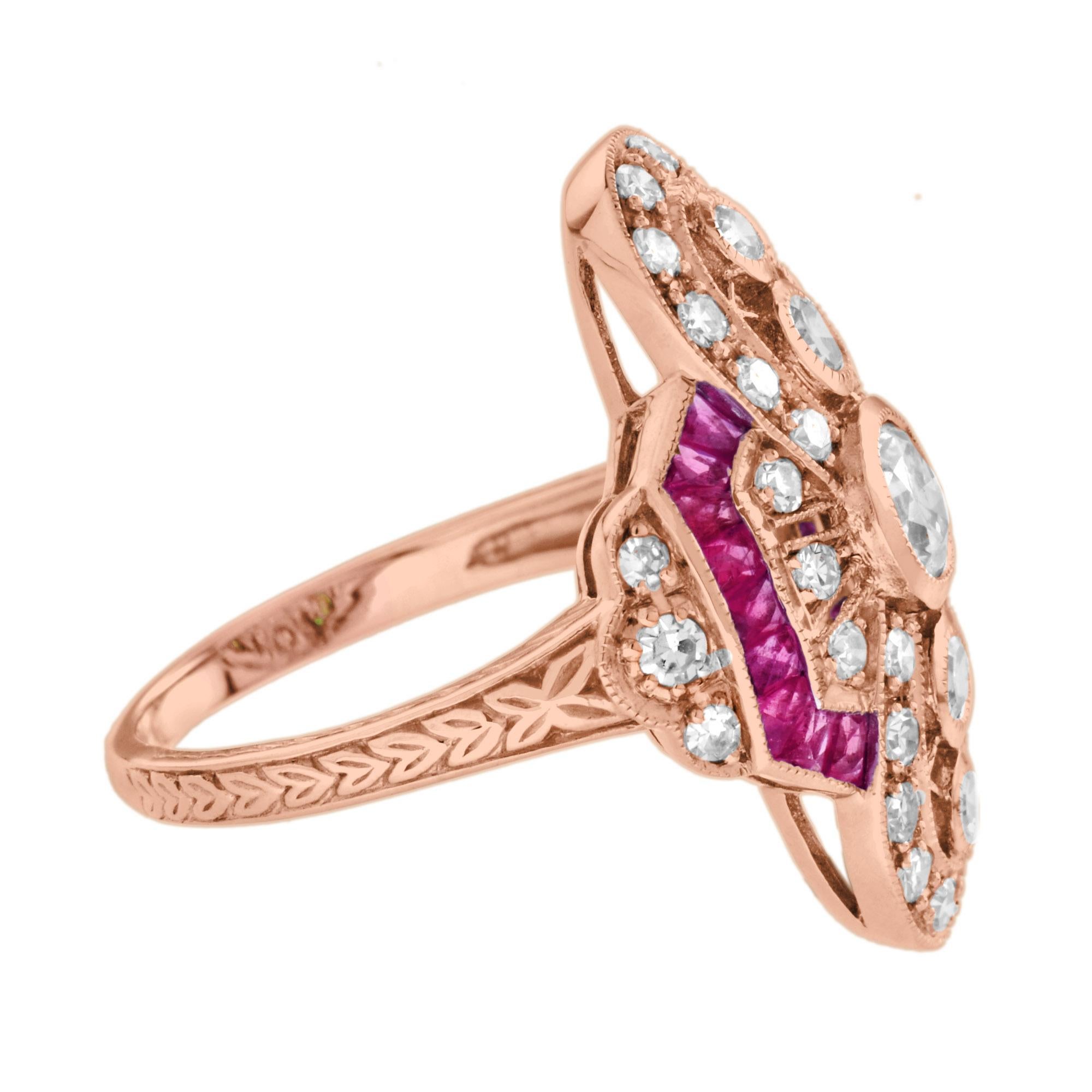 Diamond and Ruby Art Deco Style Cocktail Ring in 18K Rose Gold In New Condition For Sale In Bangkok, TH