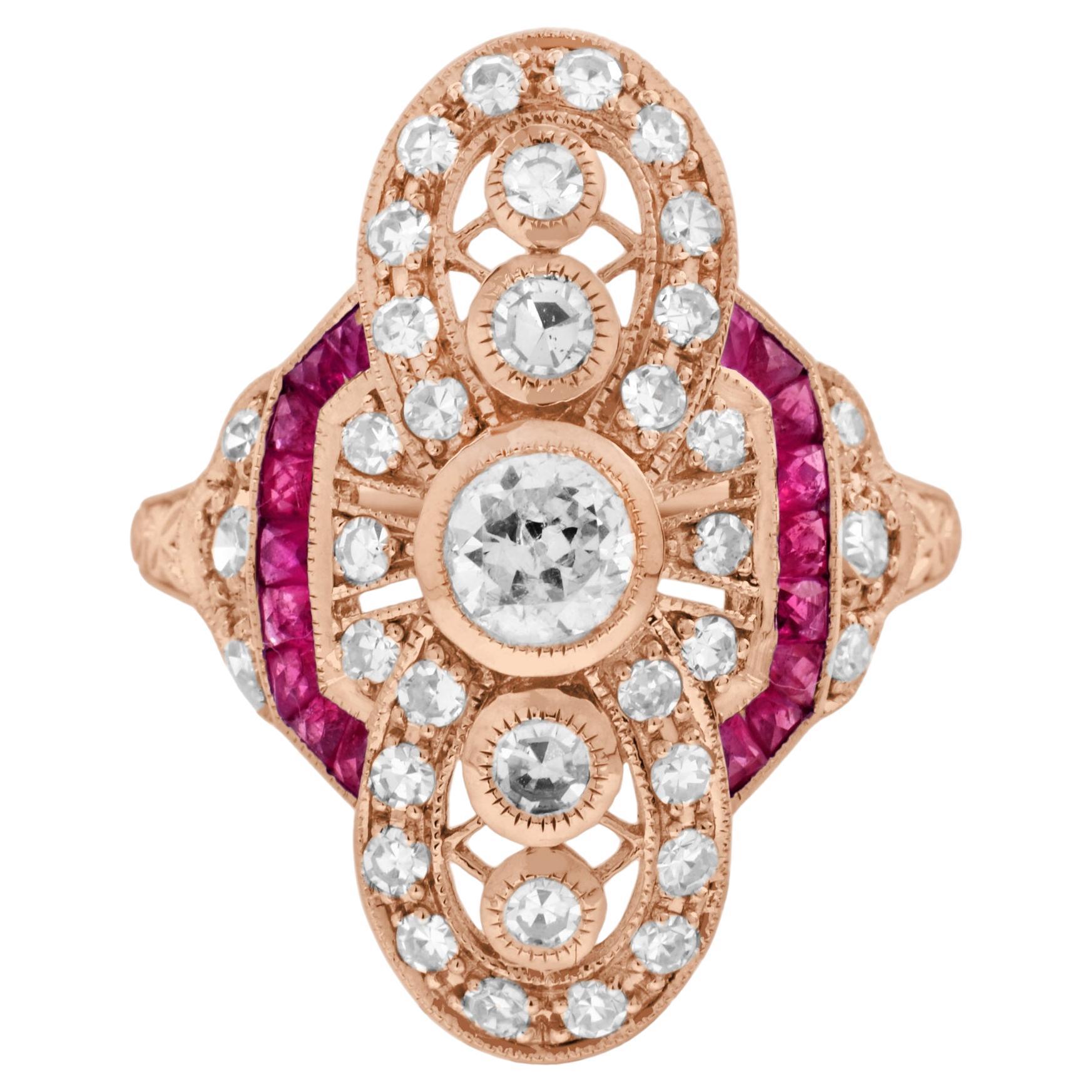 Diamond and Ruby Art Deco Style Cocktail Ring in 18K Rose Gold For Sale