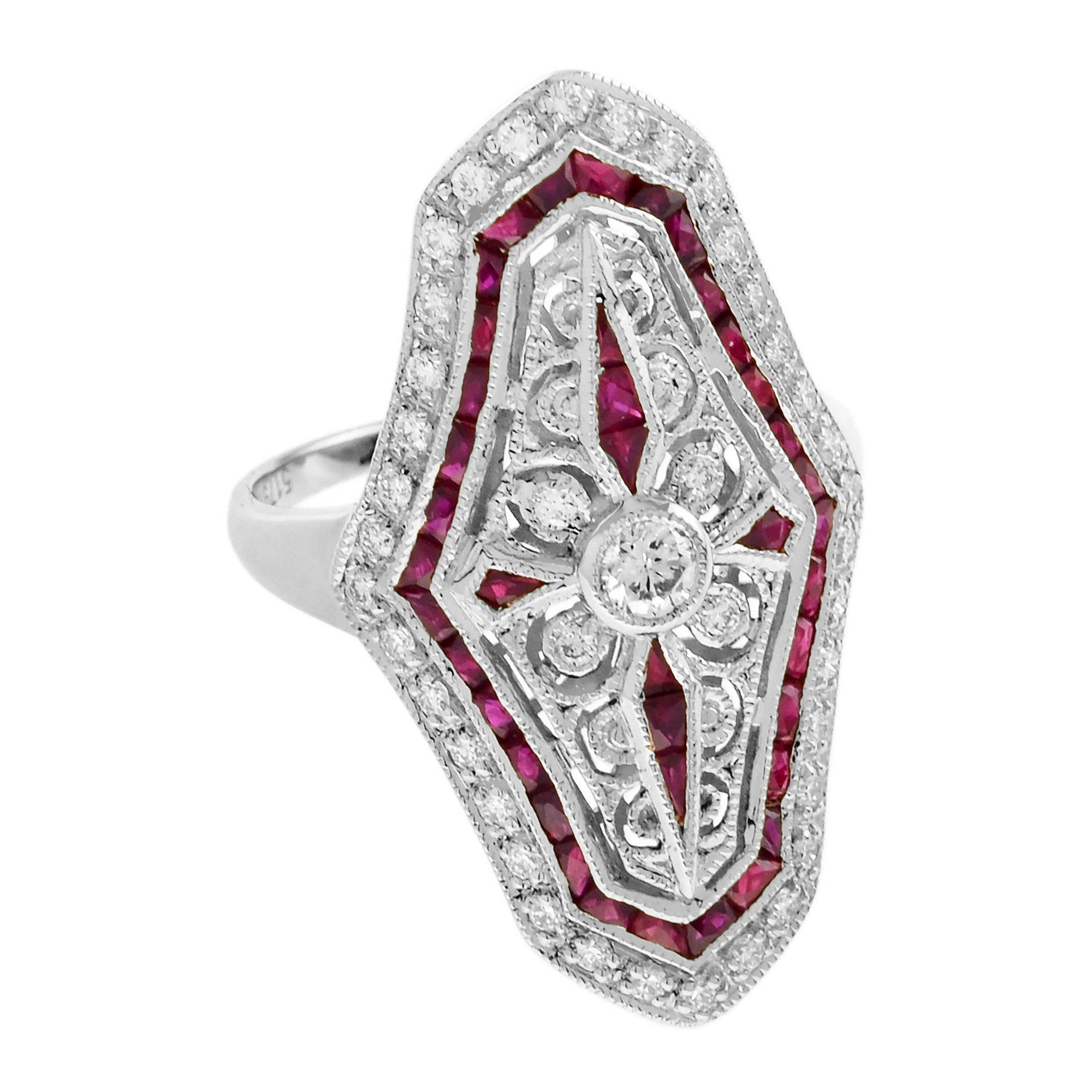 Bague de table en or blanc 14 carats, diamant et rubis, style Art déco Neuf - En vente à Bangkok, TH