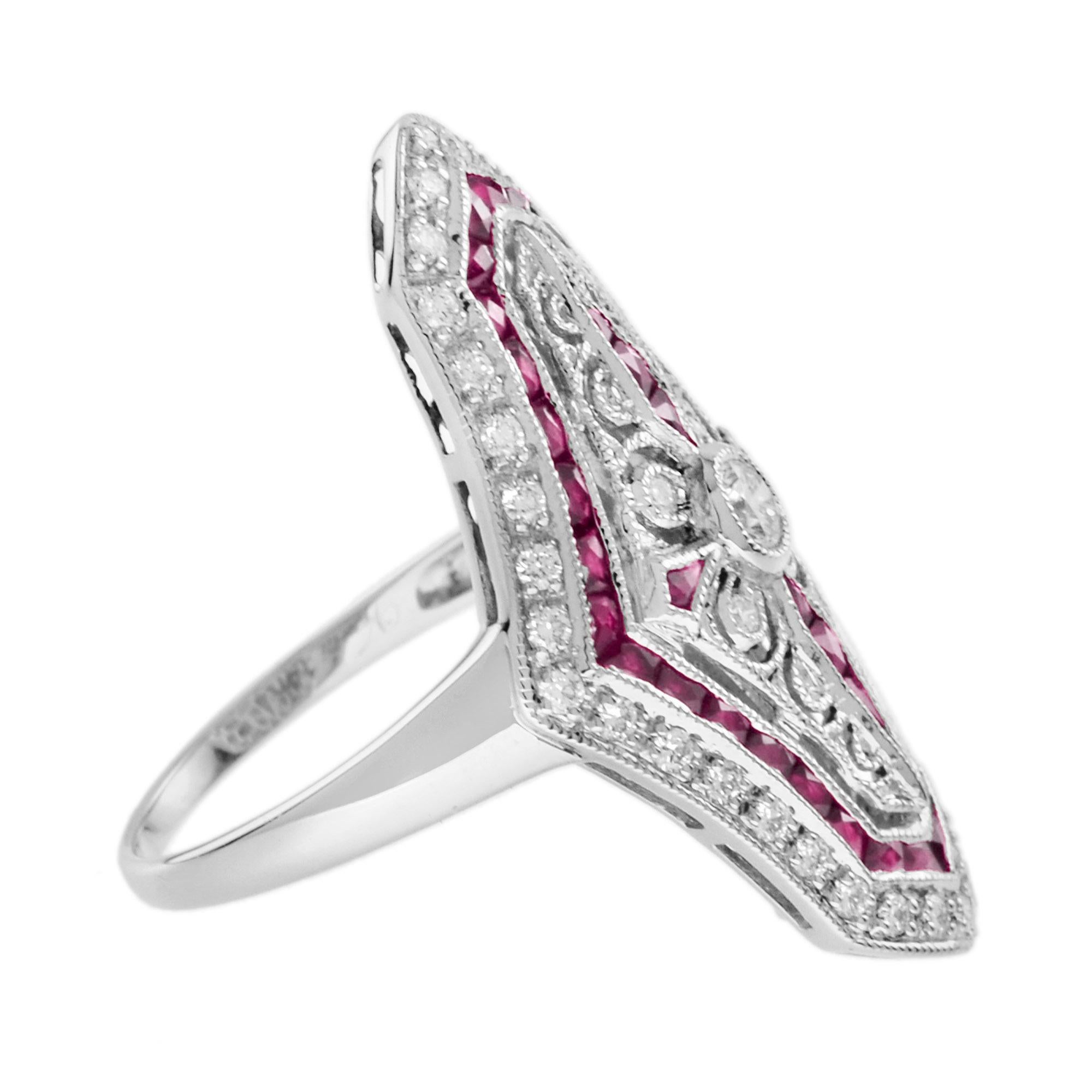 Bague de table en or blanc 14 carats, diamant et rubis, style Art déco Pour femmes en vente